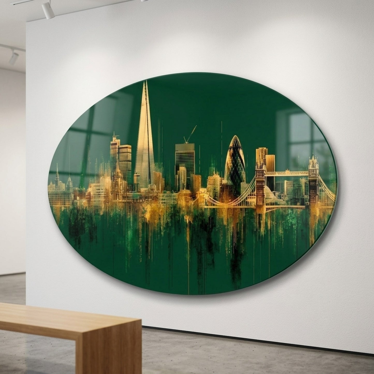 Art Deco Londra Sehir Manzarasi Oval Yatay Cam Tablo