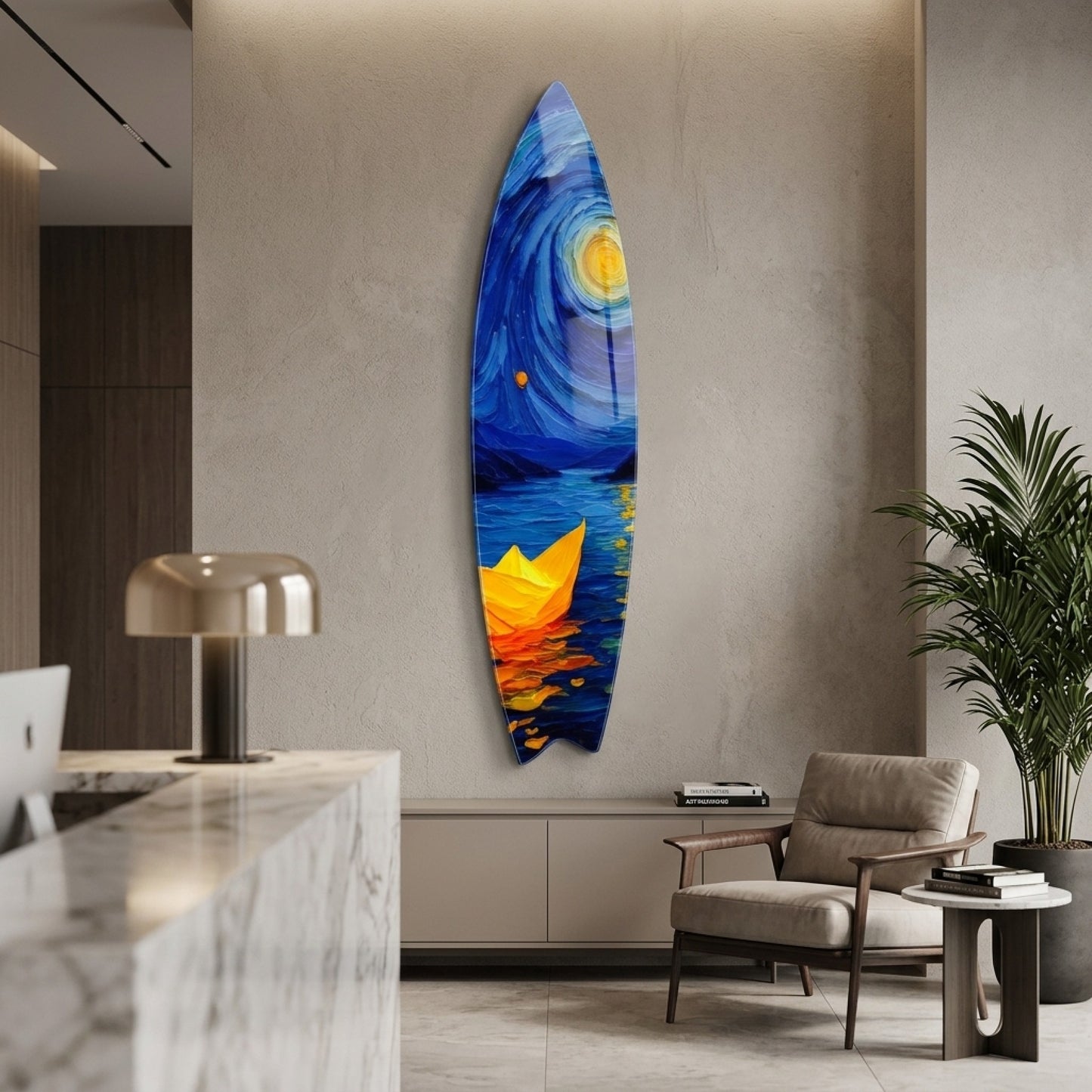 Van Gogh Tarzı Yıldızlı Gece Kağıt Gemi Yağlıboya Görünümlü Surf Board Cam Tablo
