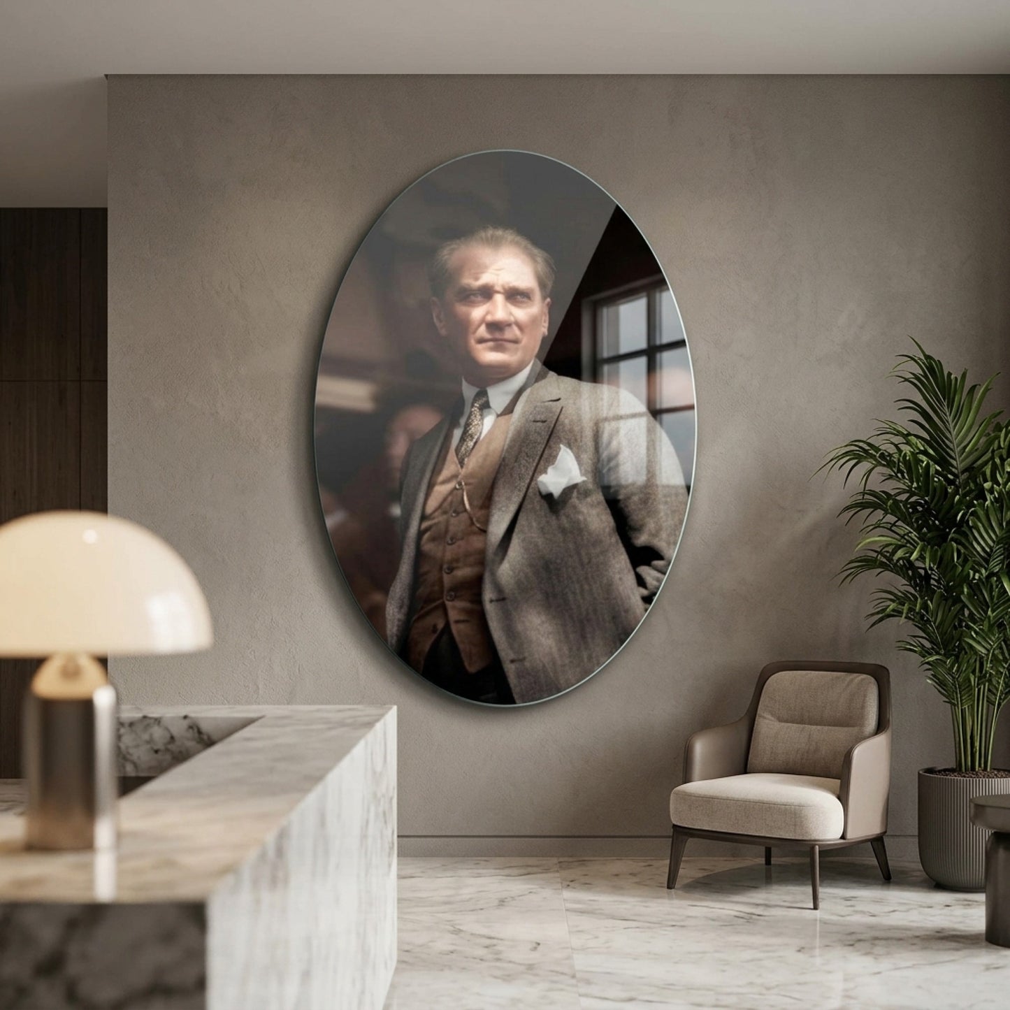 Gazi Mustafa Kemal Atatürk Oval Portre Oval Dikey Cam Tablo