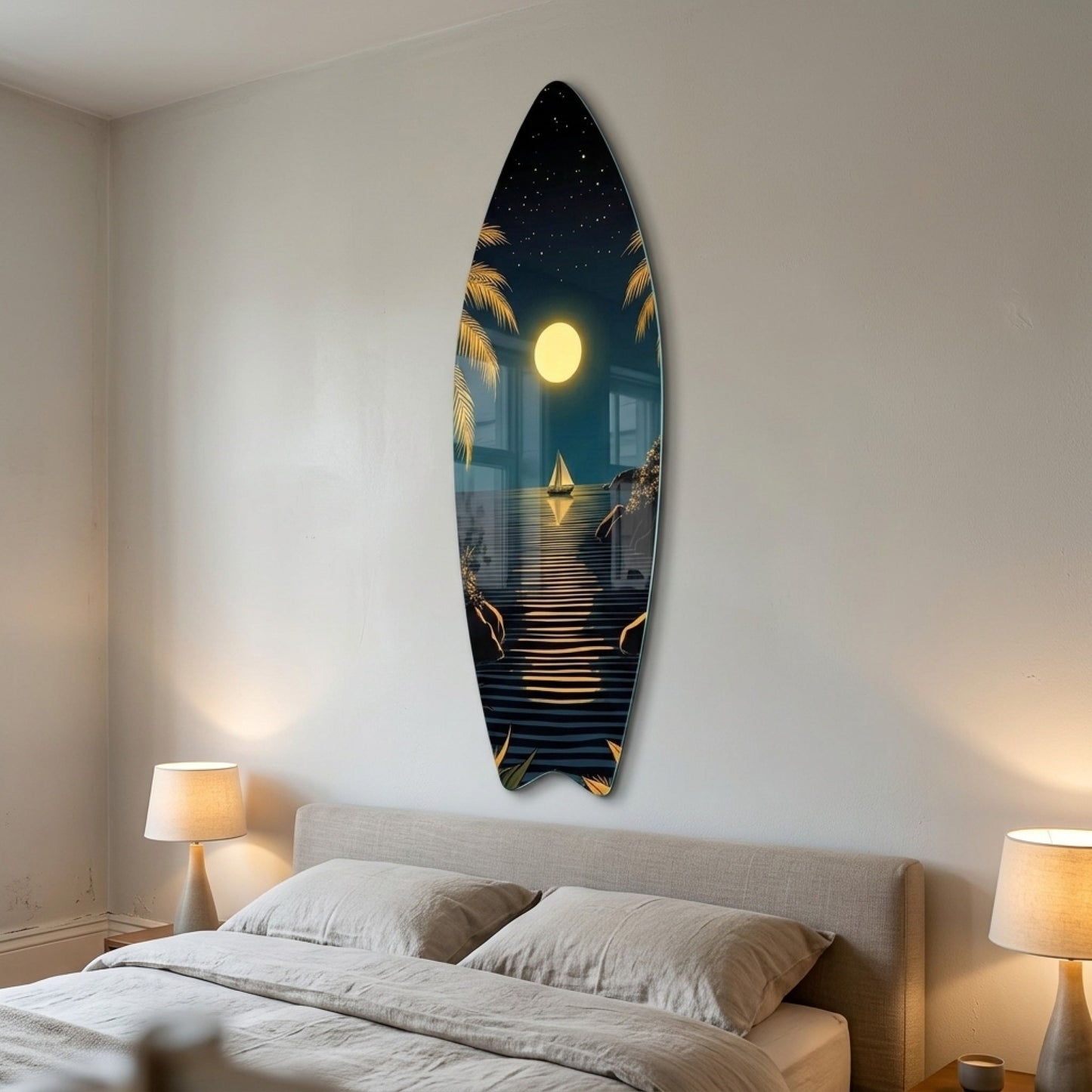 Ay Işığında Tropikal Deniz Manzarası Ve Yelkenli Surf Board Cam Tablo