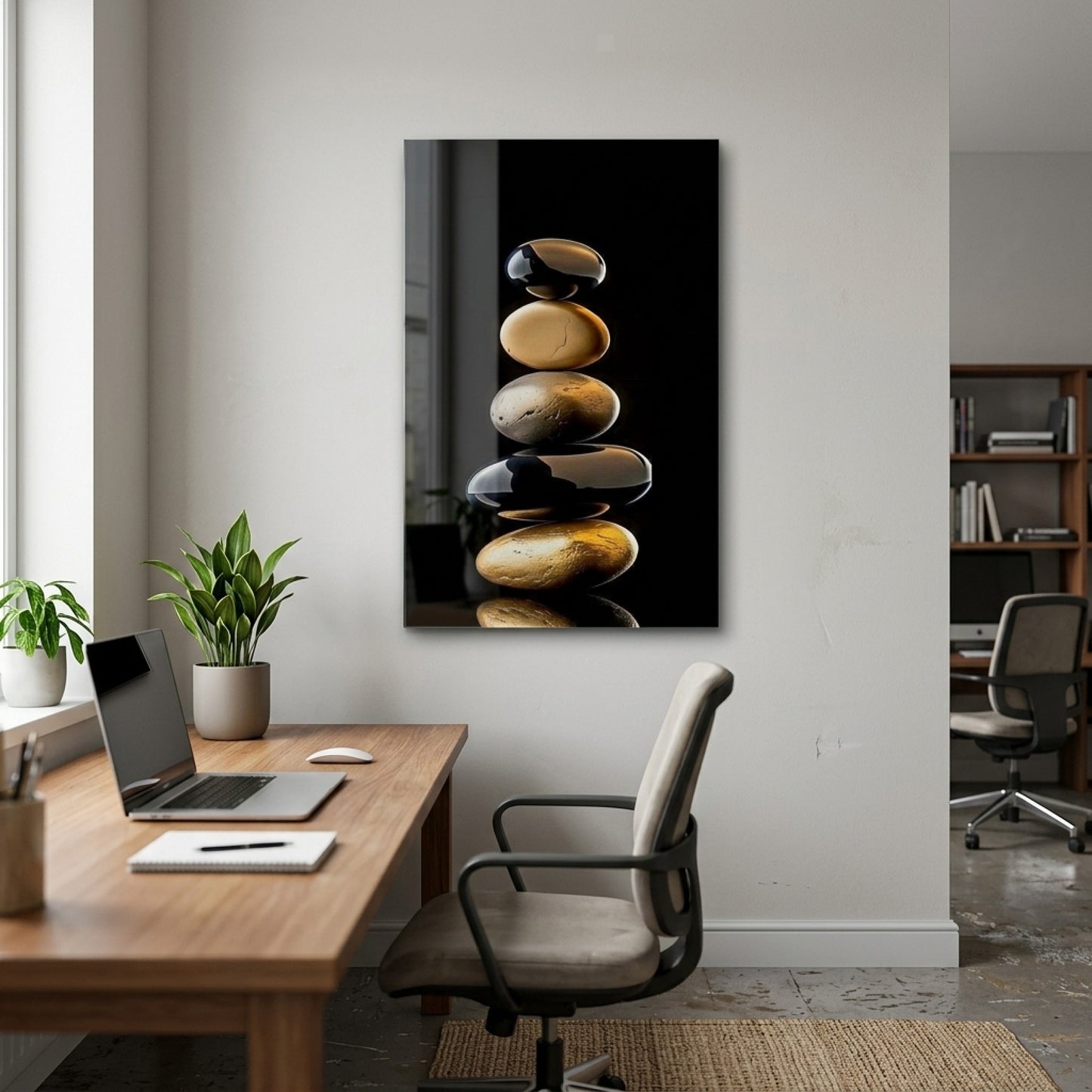 Zen Denge Taşları Siyah ve Altın Sarısı Dikey Cam Tablo