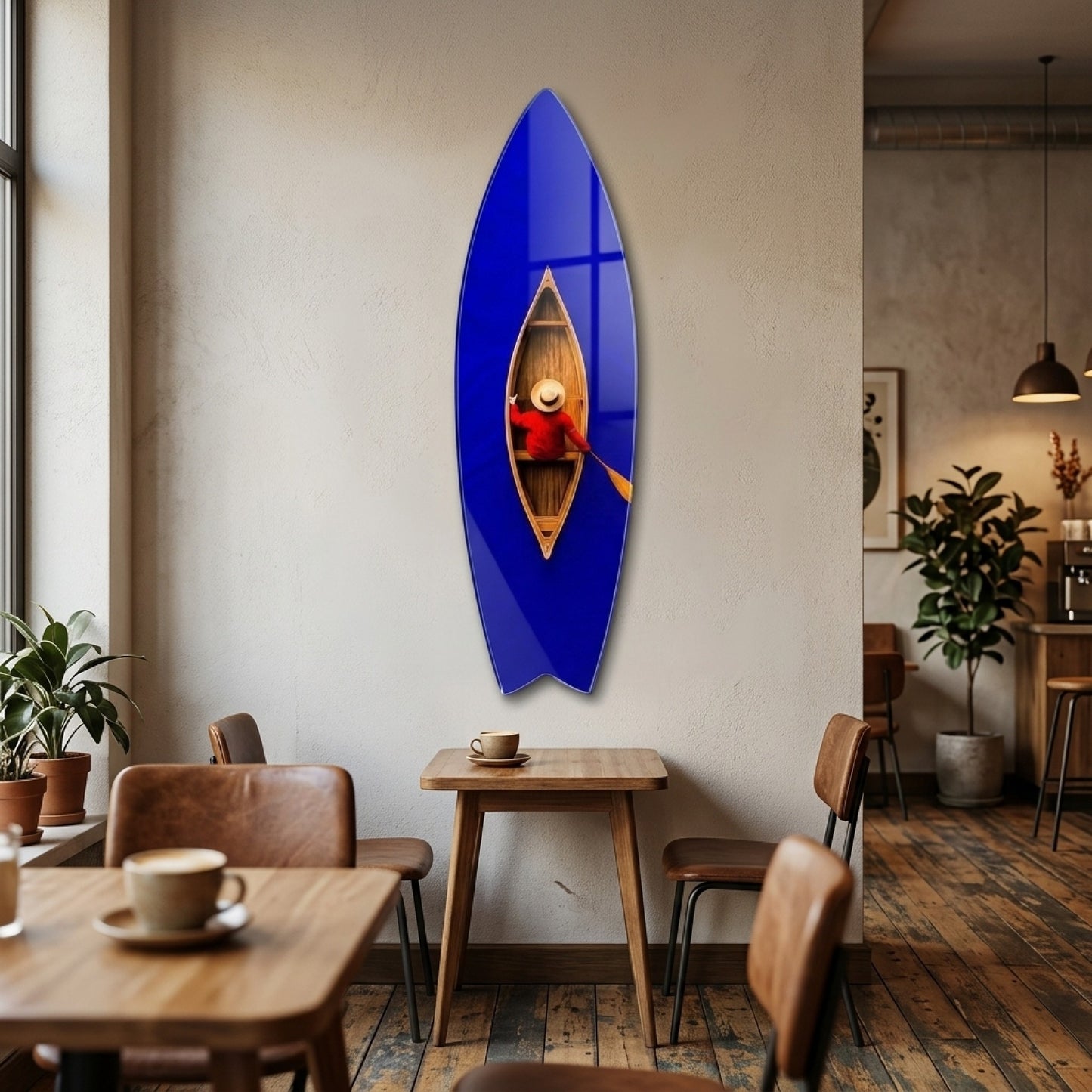 Mavi Suda Kırmızı Ceketli Kanocu Surf Board Cam Tablo