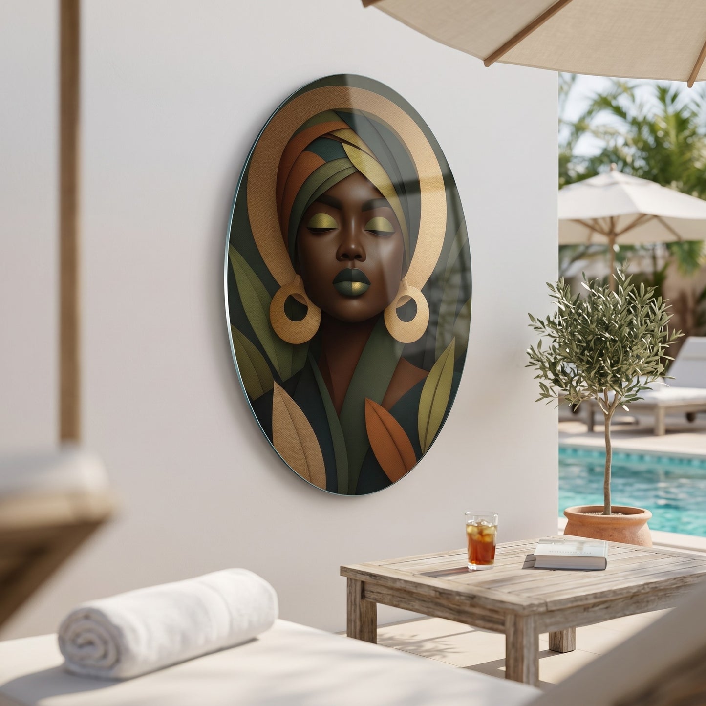 Afrikalı Kadın Portresi Altın Detaylı Botanik Sanat Oval Dikey Cam Tablo
