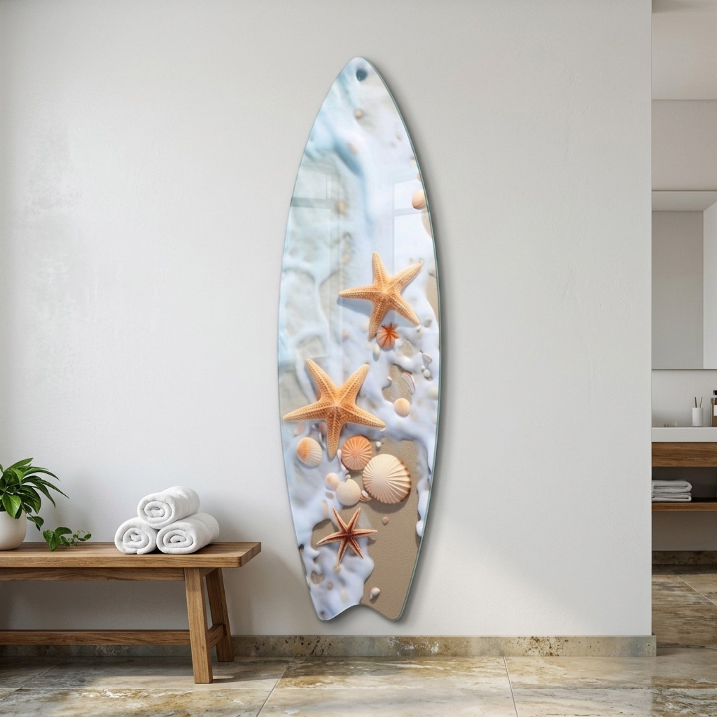 Kumsalda Deniz Yıldızları ve Kabuklar Surf Board Cam Tablo