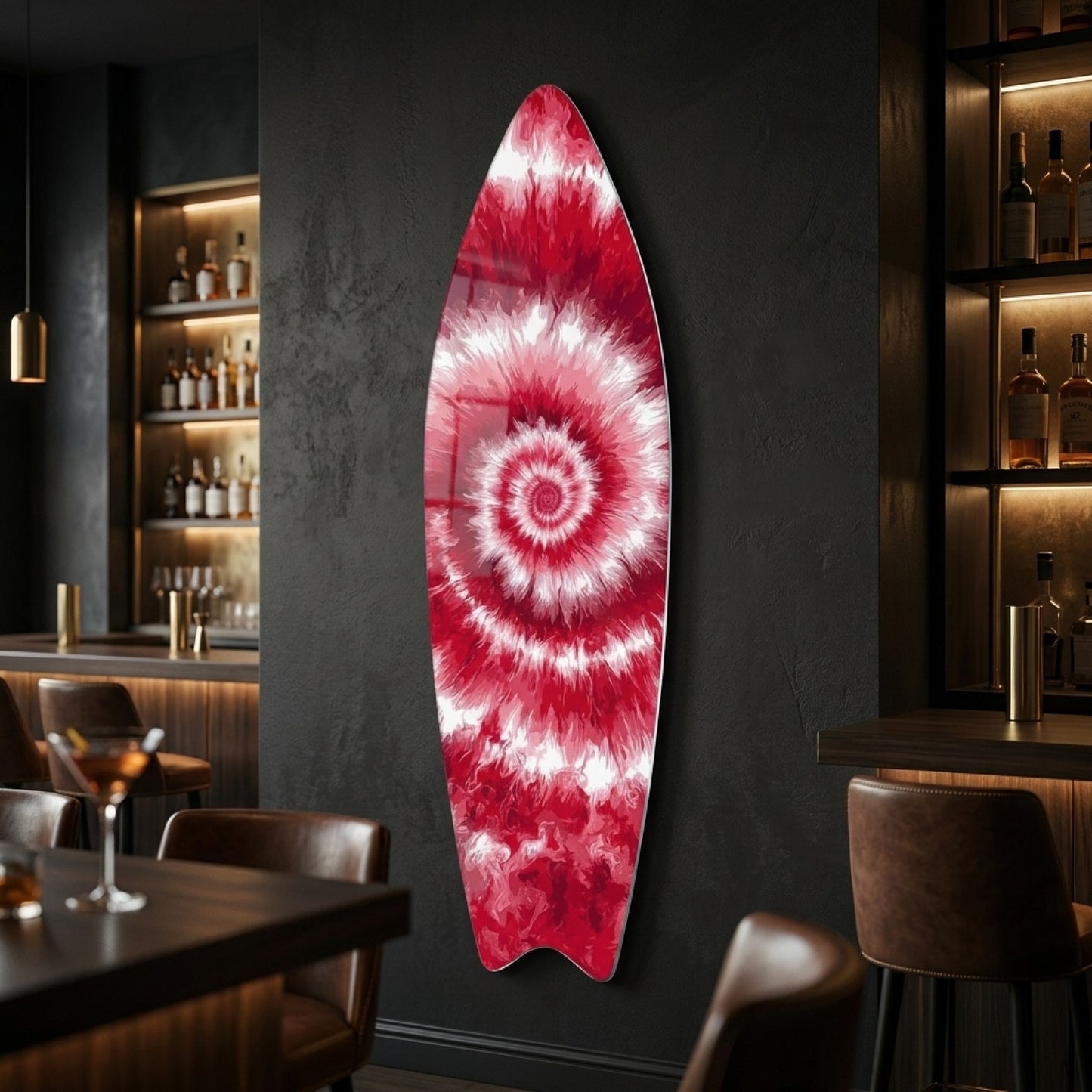 Kırmızı Beyaz Girdap Desenli Tie-Dye Surf Board Cam Tablo