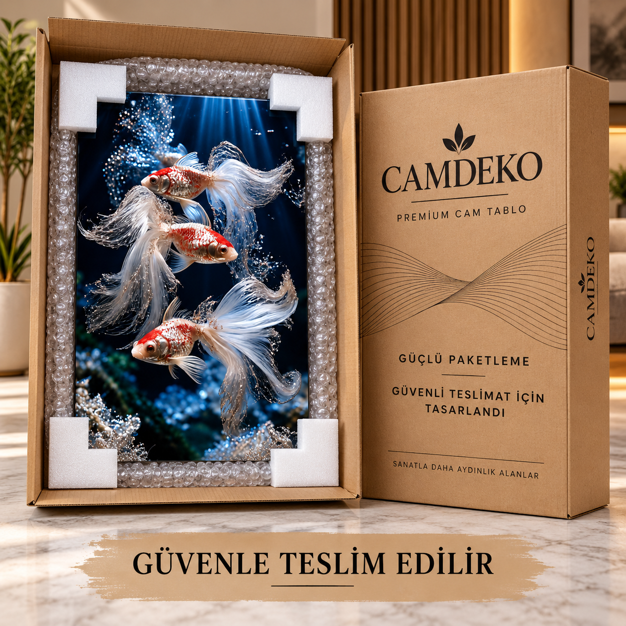 Üç Japon Balığı CAMDEKO cam tablo Türkçe açıklamalı güçlü paketleme ve güvenli teslimat görseli