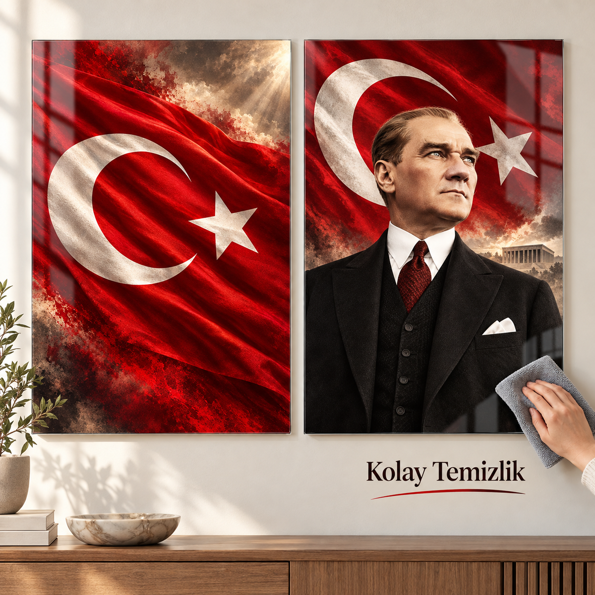 Atatürk ve bayrak cam tablo mikrofiber bezle kolay temizlik