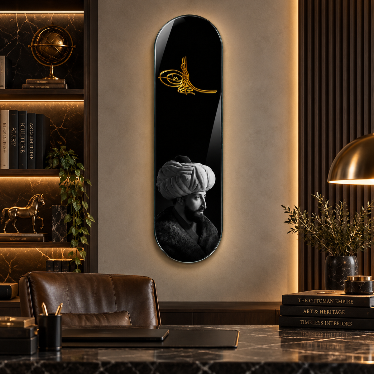 Osmanlı Tuğrası ve Siyah Beyaz Portre Dikey Skate Board Cam Tablo - Premium çalışma odası
