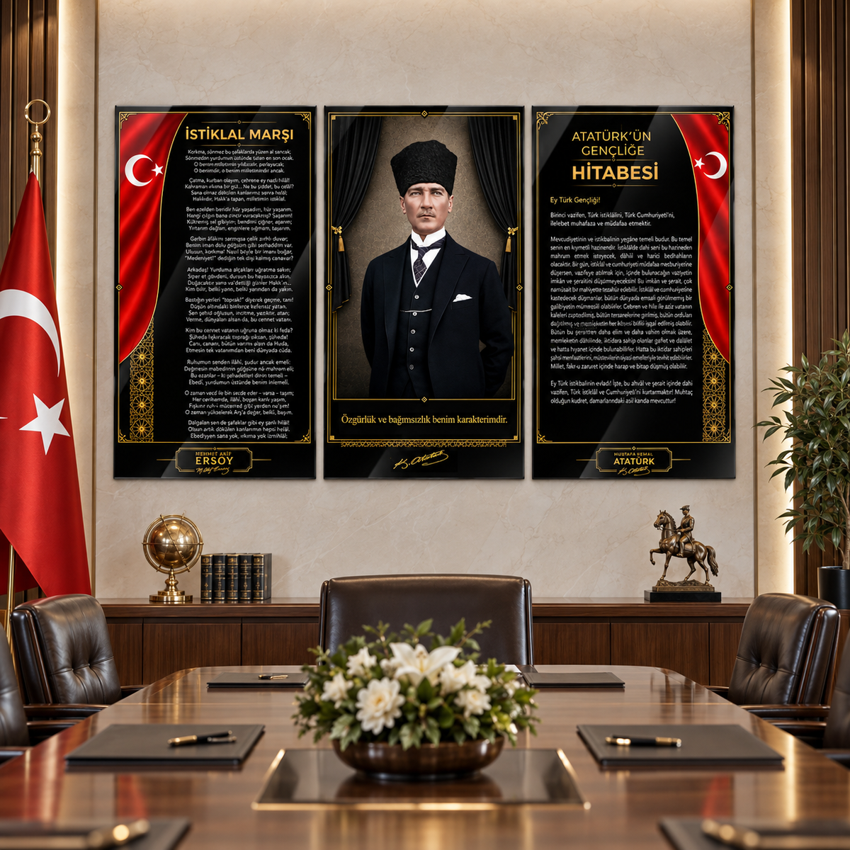 Atatürk Köşesi üçlü cam tablo alternatif kurum toplantı salonu görünümü
