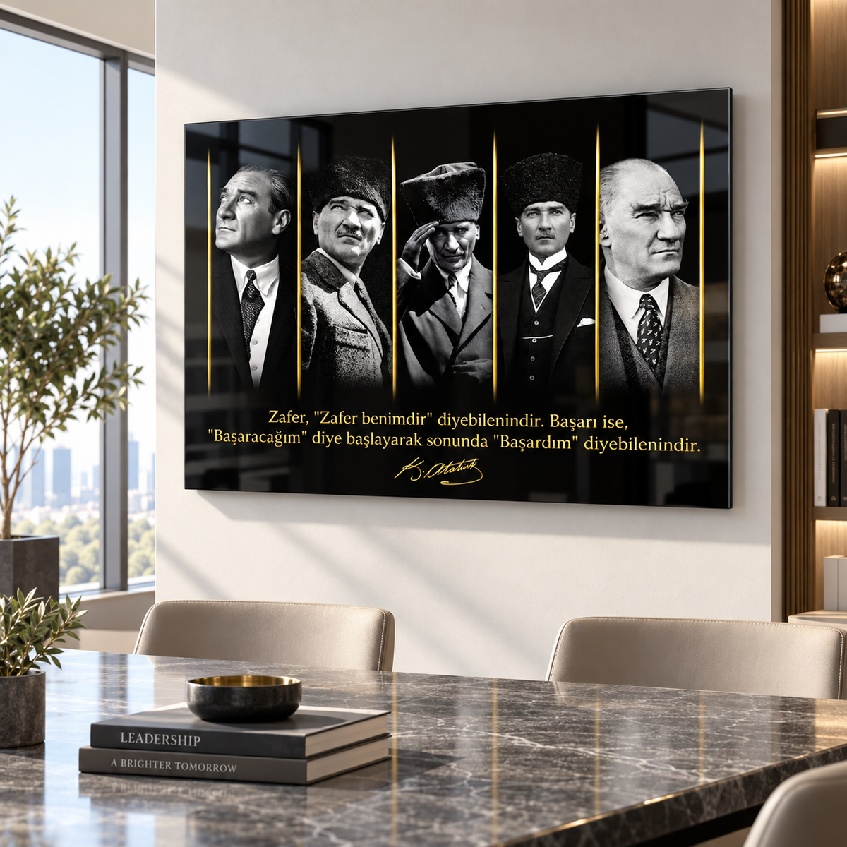 Atatürk portreleri gold detaylı yatay cam tablo modern ofis mockup