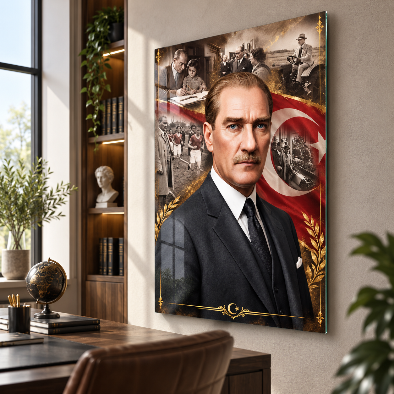 Atatürk Türk bayrağı gold detaylı cam tablo şık çalışma odası mockup