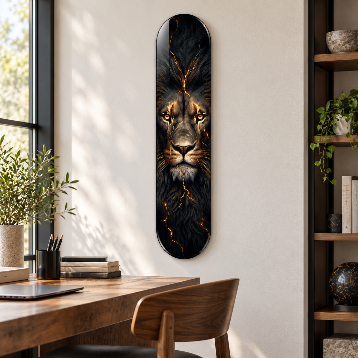 Altın Çizgili Aslan Dikey Skate Board Cam Tablo – Çalışma odasında görünüm