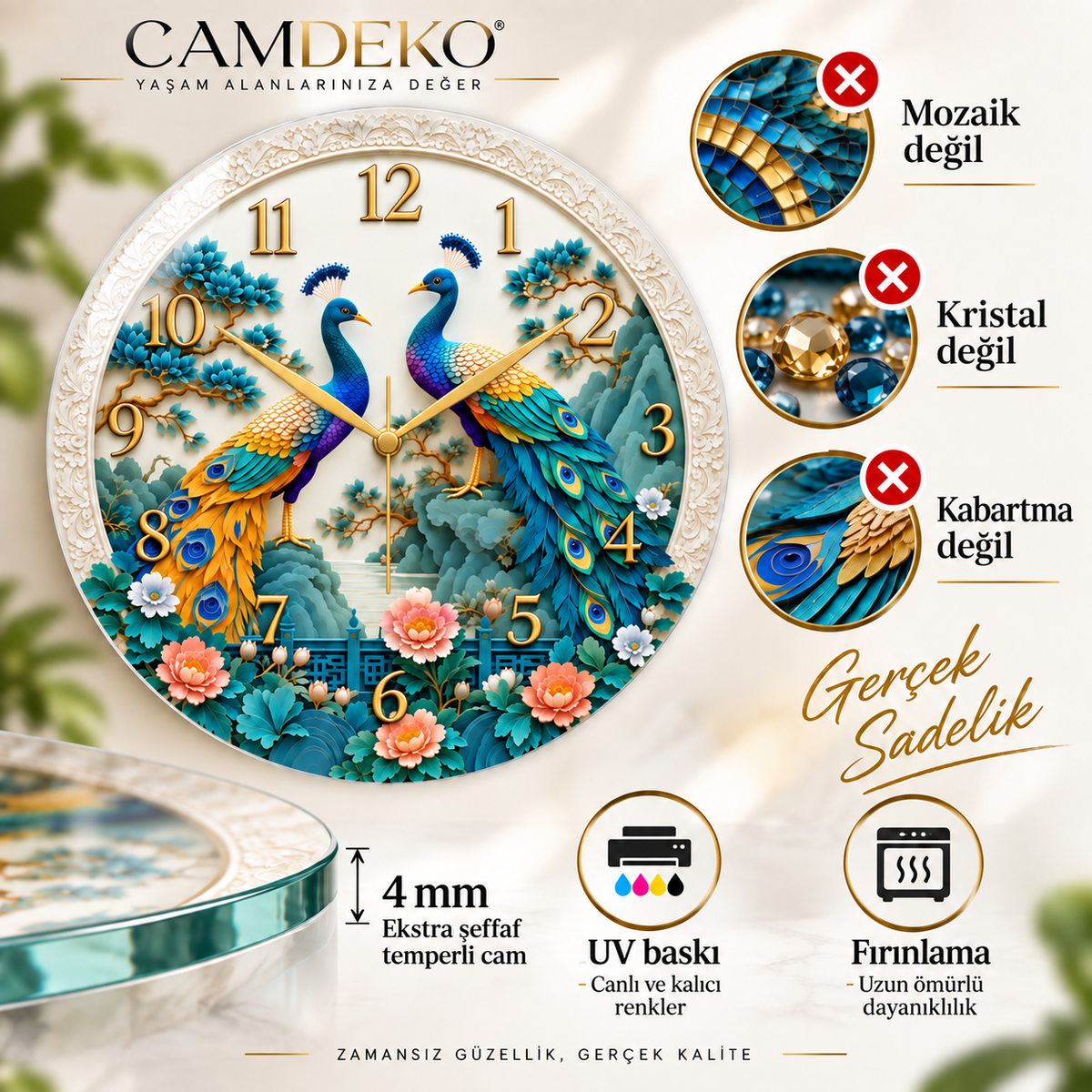 Tavus kuşu saat deseninin mozaik, kristal veya kabartma olmadığı; 4 mm temperli cama UV baskı ve baskı sonrası fırınlama açıklaması