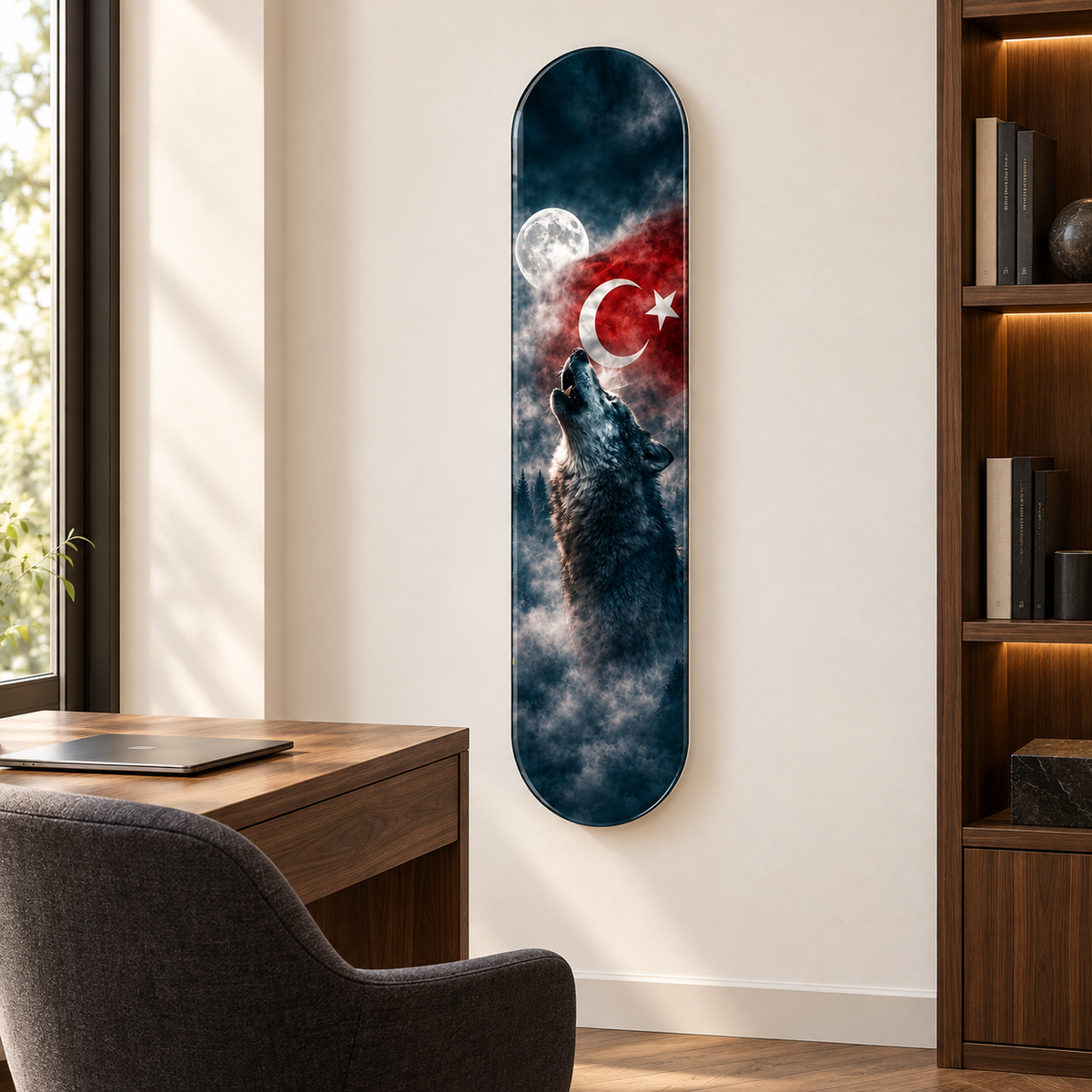 Dolunay ve Türk Bayrağı Altında Kurt Dikey Skate Board Cam Tablo – Çalışma odasında görünüm