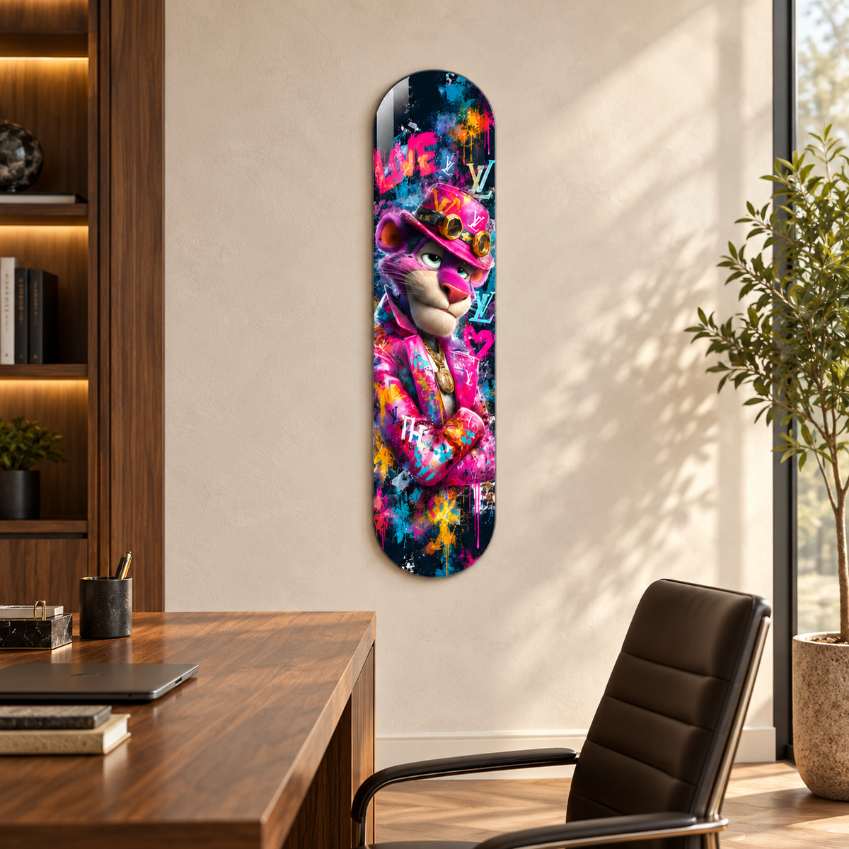 Pembe Şapkalı Grafiti Panter Dikey Skate Board Cam Tablo - ofis