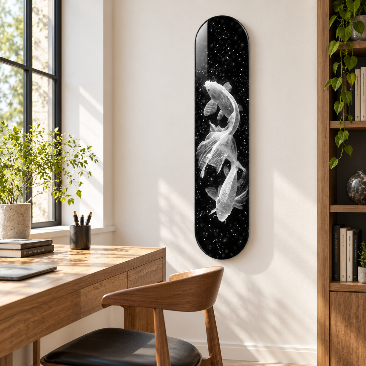 Işıltılı Beyaz Koi Balıkları Dikey Skate Board Cam Tablo – Çalışma odasında görünüm