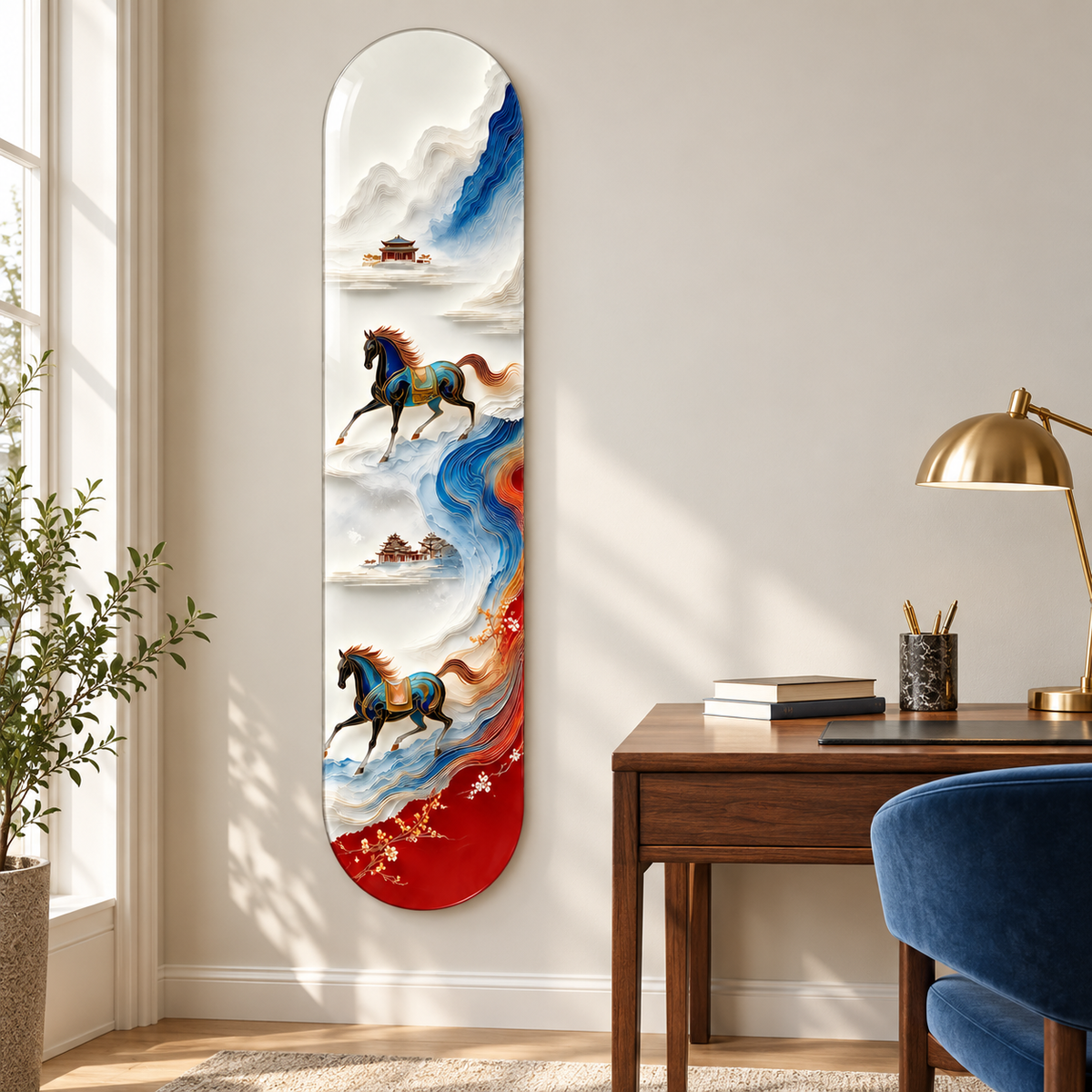 Mavi ve Kırmızı Manzarada Altın Detaylı Atlar Dikey Skate Board Cam Tablo — çalışma odası