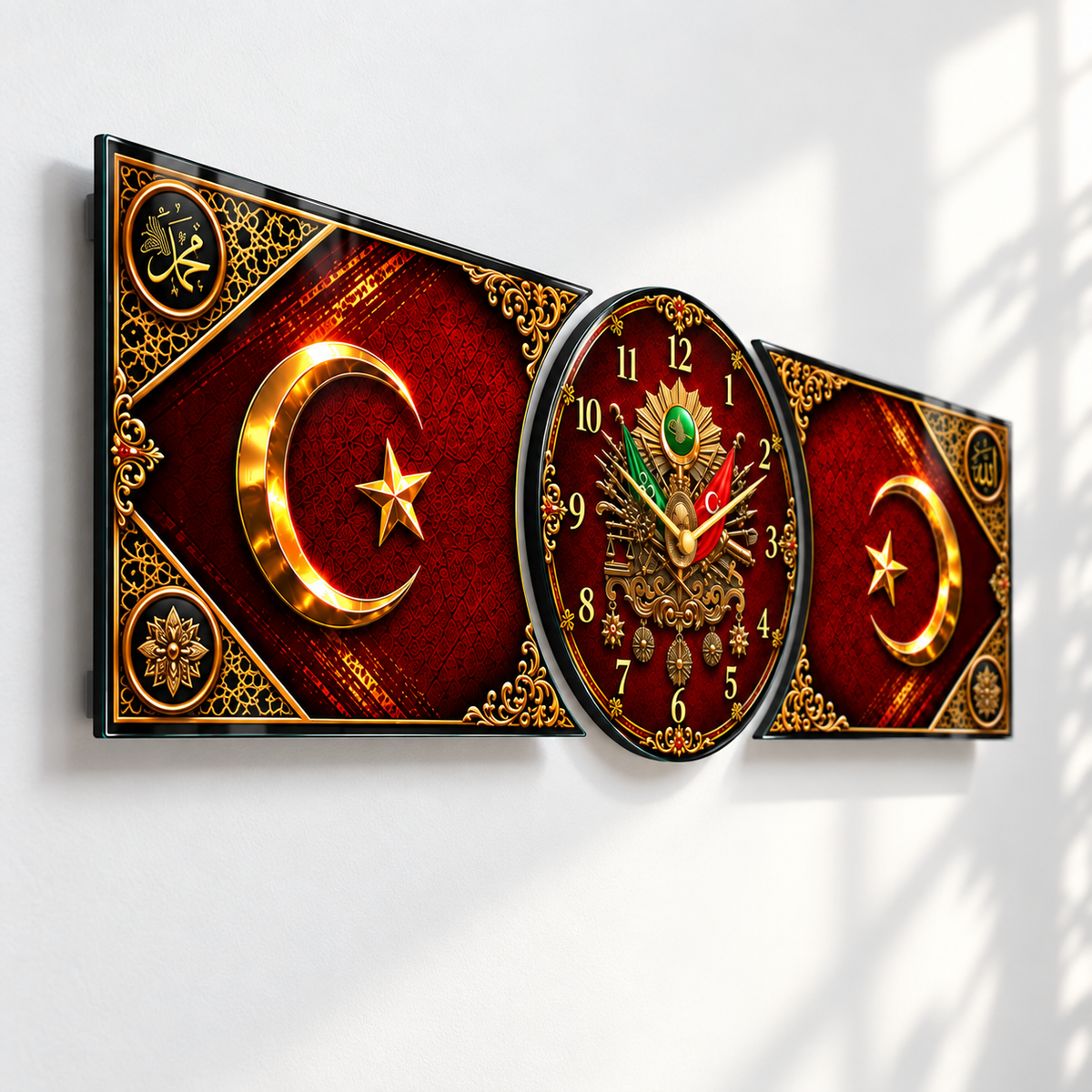 Osmanlı armalı bordo gold saatli cam saat dekoratif mekan görünümü
