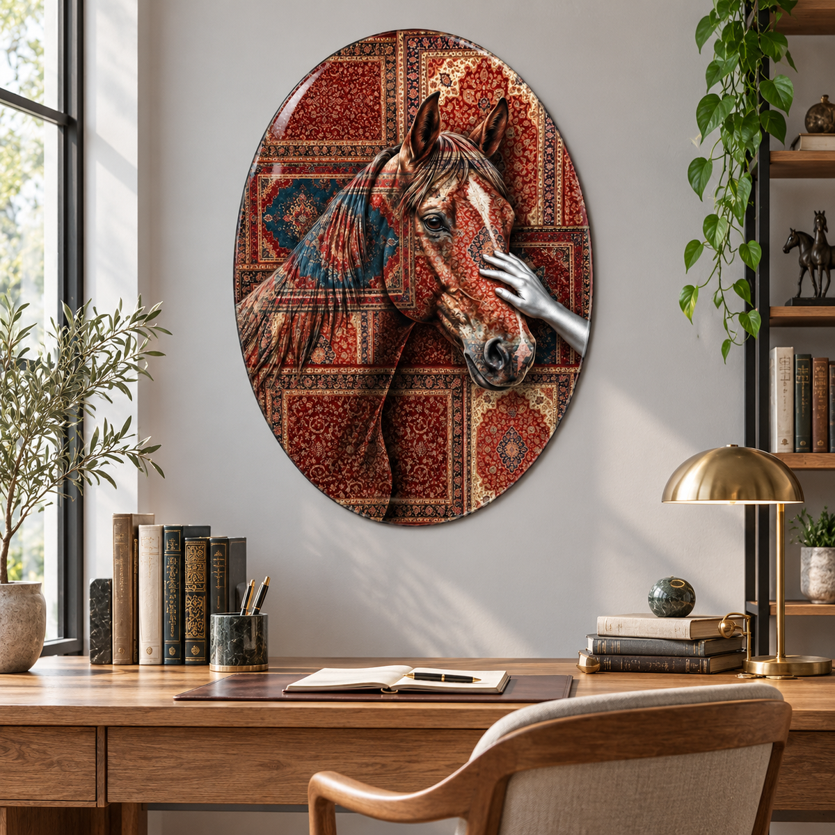 Kilim Desenli At ve Gümüş El Dikey Oval Cam Tablo - Çalışma odası
