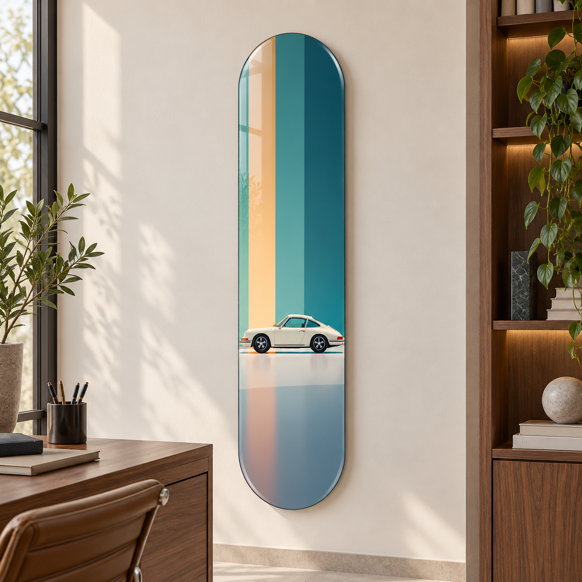 Turkuaz Bej Zeminde Krem Klasik Spor Otomobil Dikey Skate Board Cam Tablo – Çalışma odası