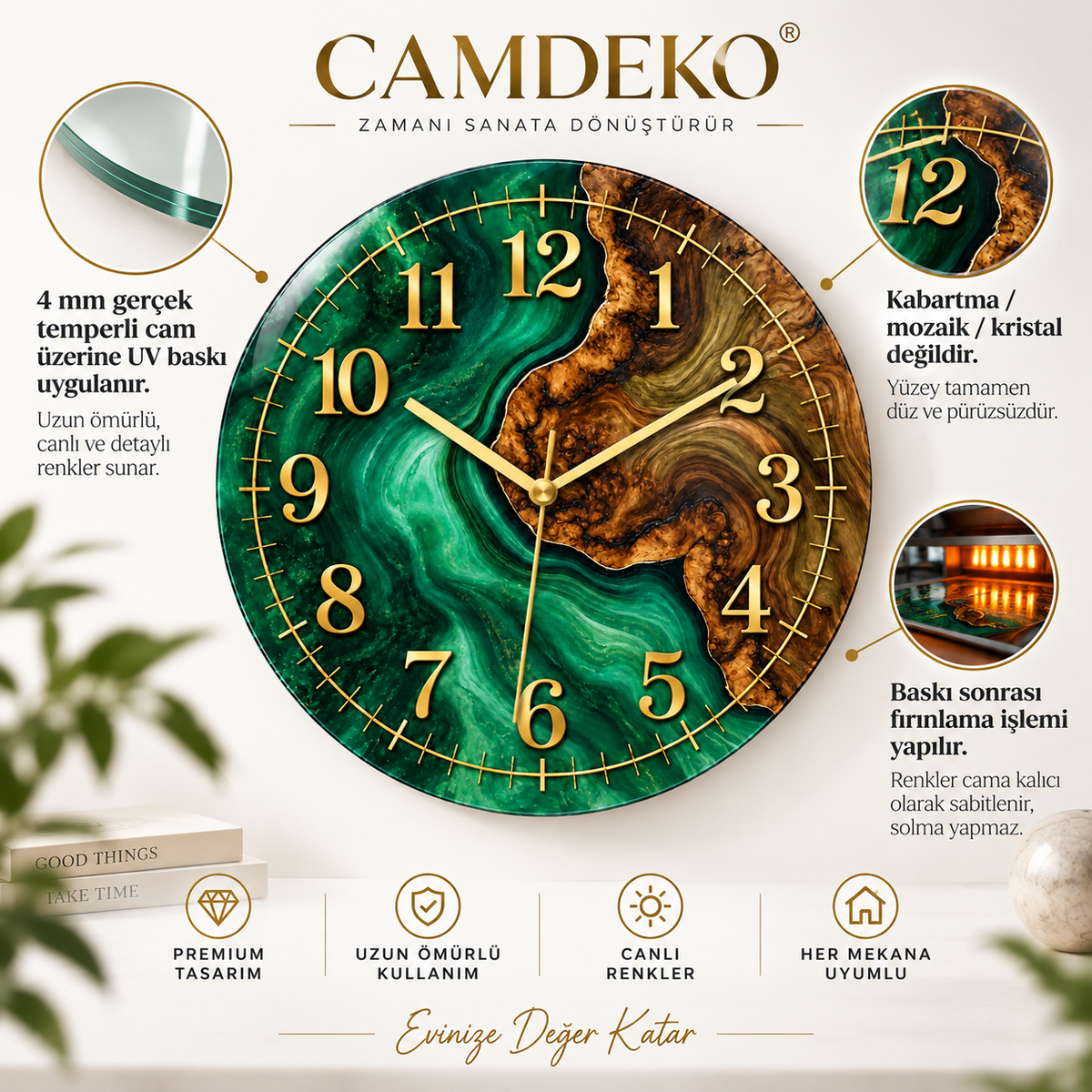 Zümrüt yeşili ve ahşap desenli CAMDEKO cam saatin düz cam baskı, 4 mm temperli cam ve UV baskı sonrası fırınlama özellikleri