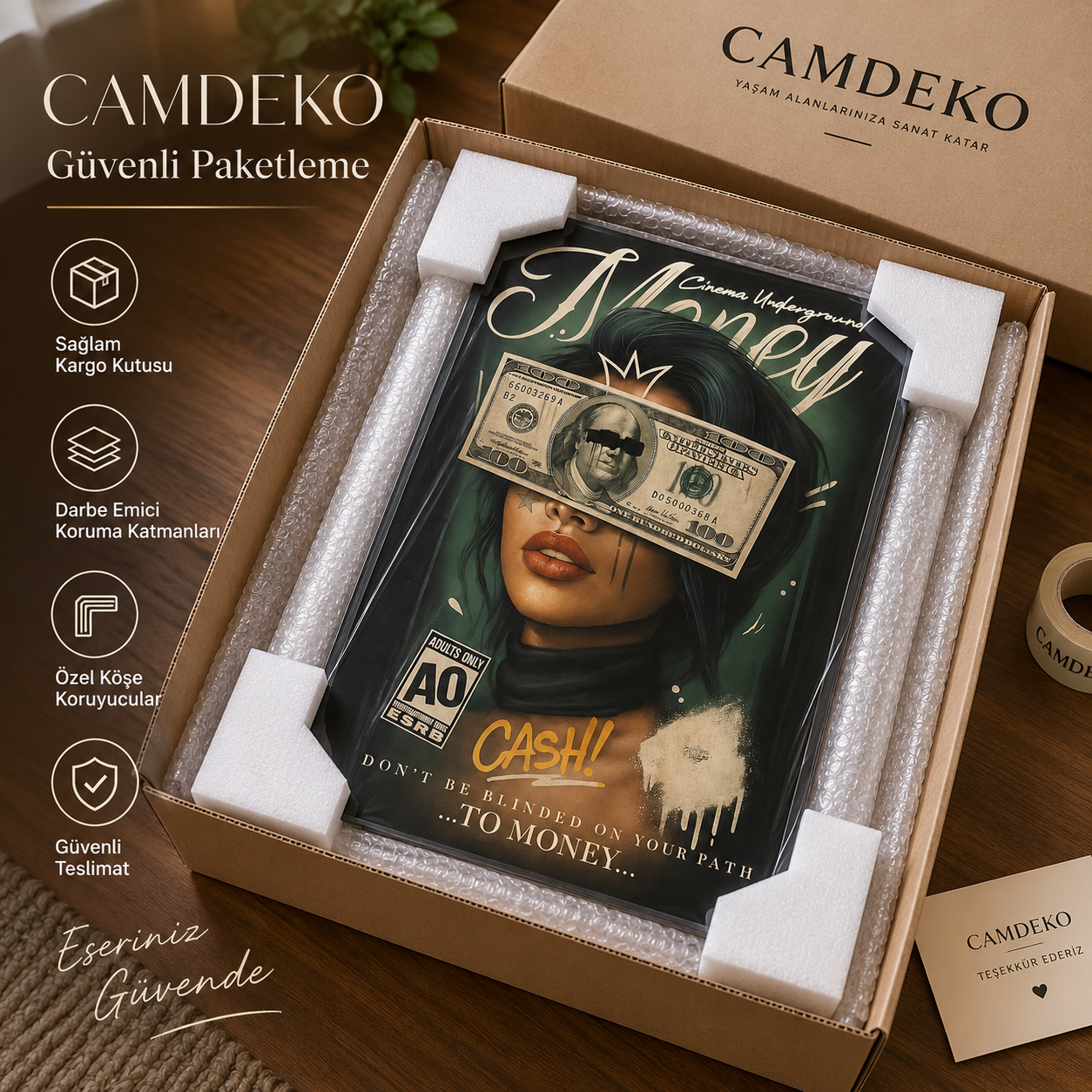 Money Cash kadın portresi dikey cam tablo güvenli paketleme ve kargo detayı