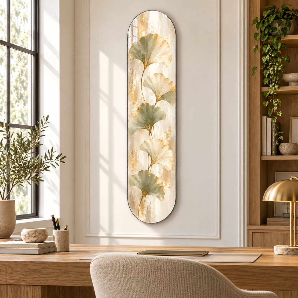 Adaçayı Ginkgo Dikey Kaykay Cam Tablo — Çalışma odası dekorasyonu