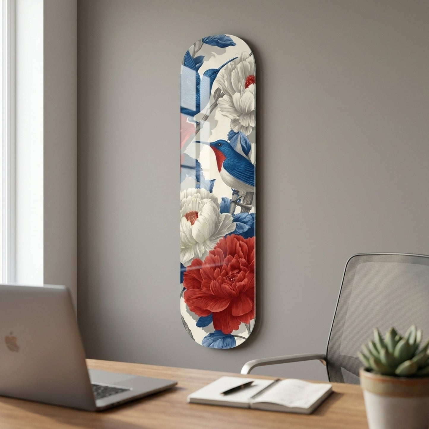 Mavi Kuşlar Kırmızı Beyaz Çiçekli Duvar Skate Board Cam Tablo