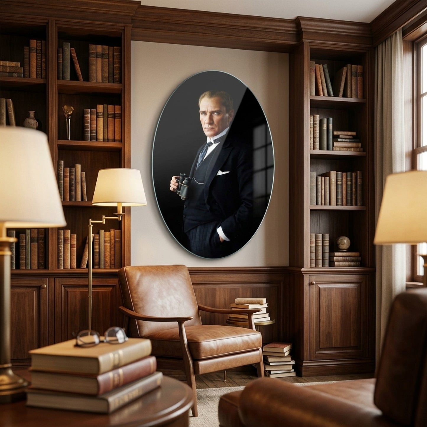 Mustafa Kemal Atatürk Dürbünlü Portre Oval Dikey Cam Tablo