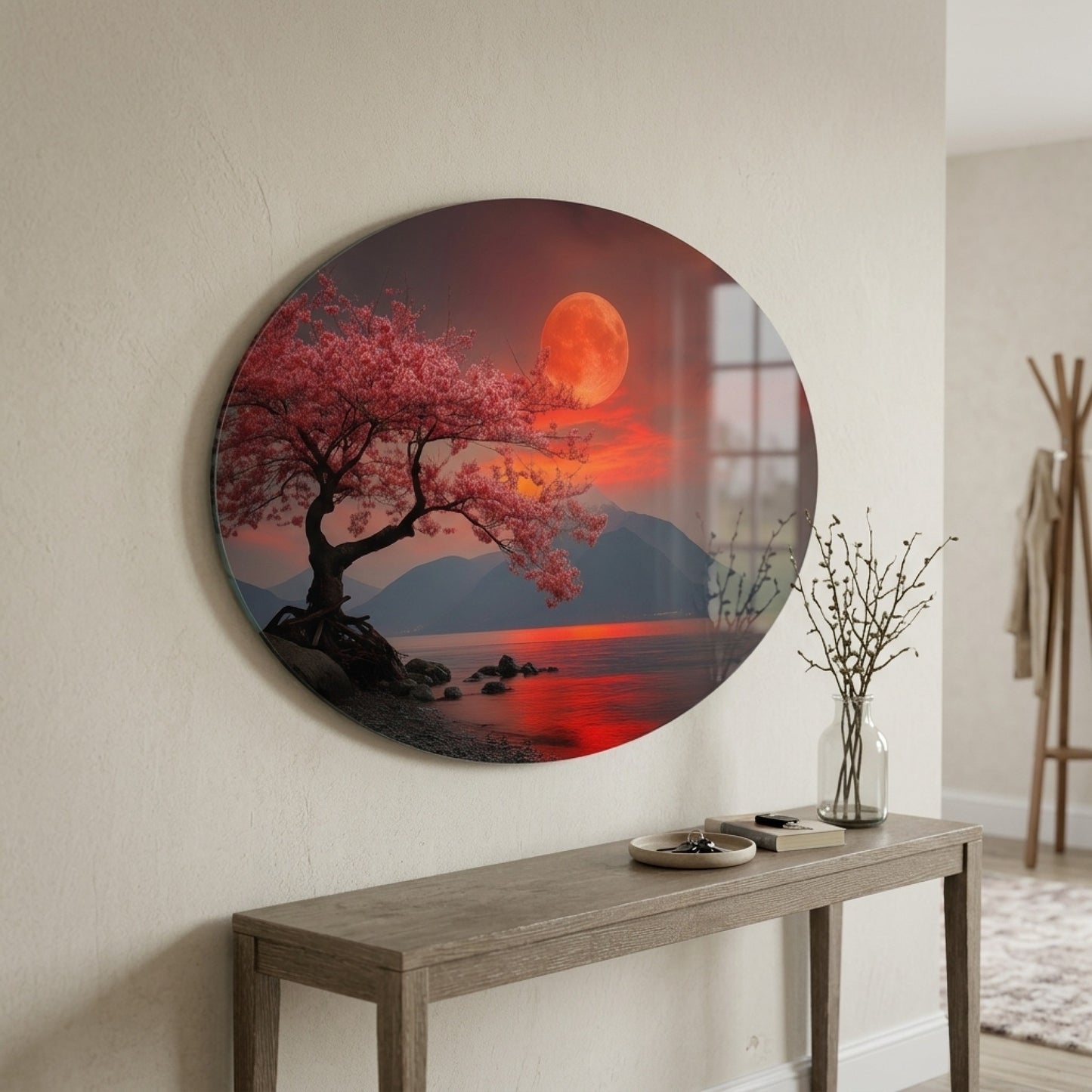 Kırmızı Dolunay Altında Sakura Ağacı ve Göl Manzarası Oval Yatay Cam Tablo