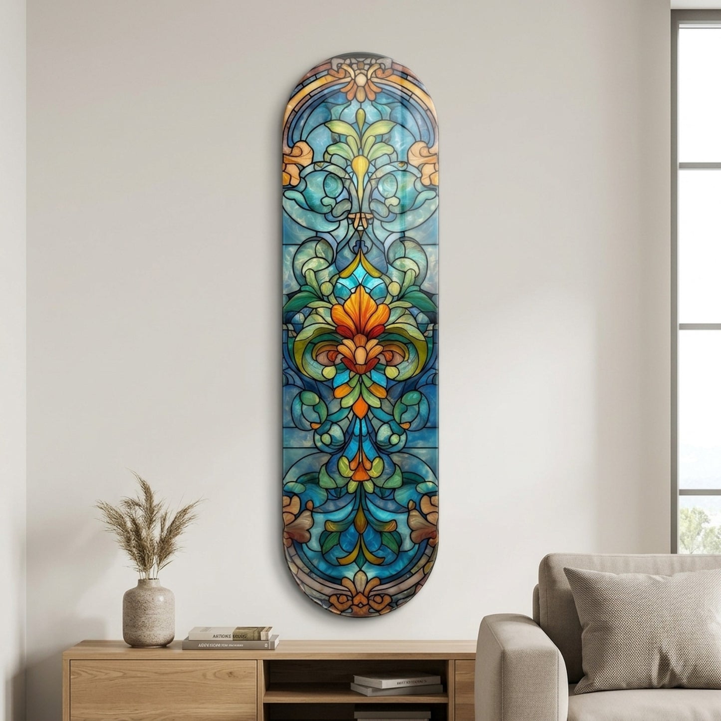 Klasik Vitray Çiçek Desenli Skate Board Cam Tablo