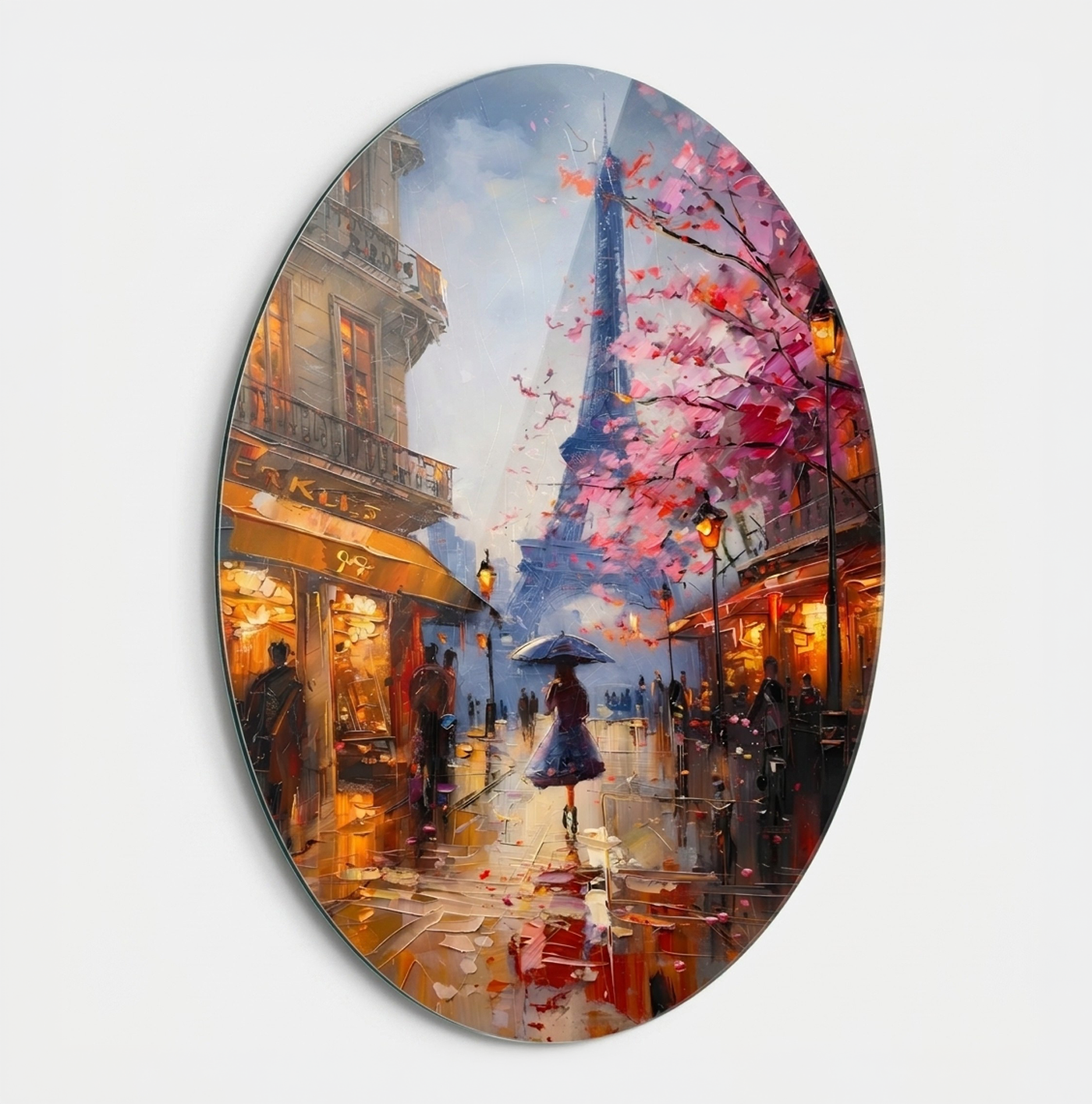 Romantik Paris Yağmuru Eyfel Kulesi Oval Tasarım Oval Dikey Cam Tablo