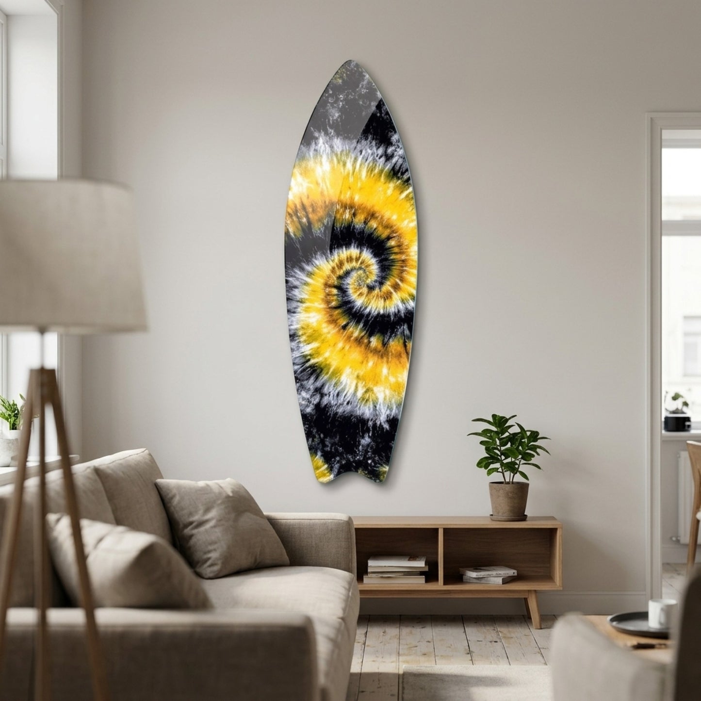 Modern Soyut Sarı Siyah Tie Dye Deseni Surf Board Cam Tablo