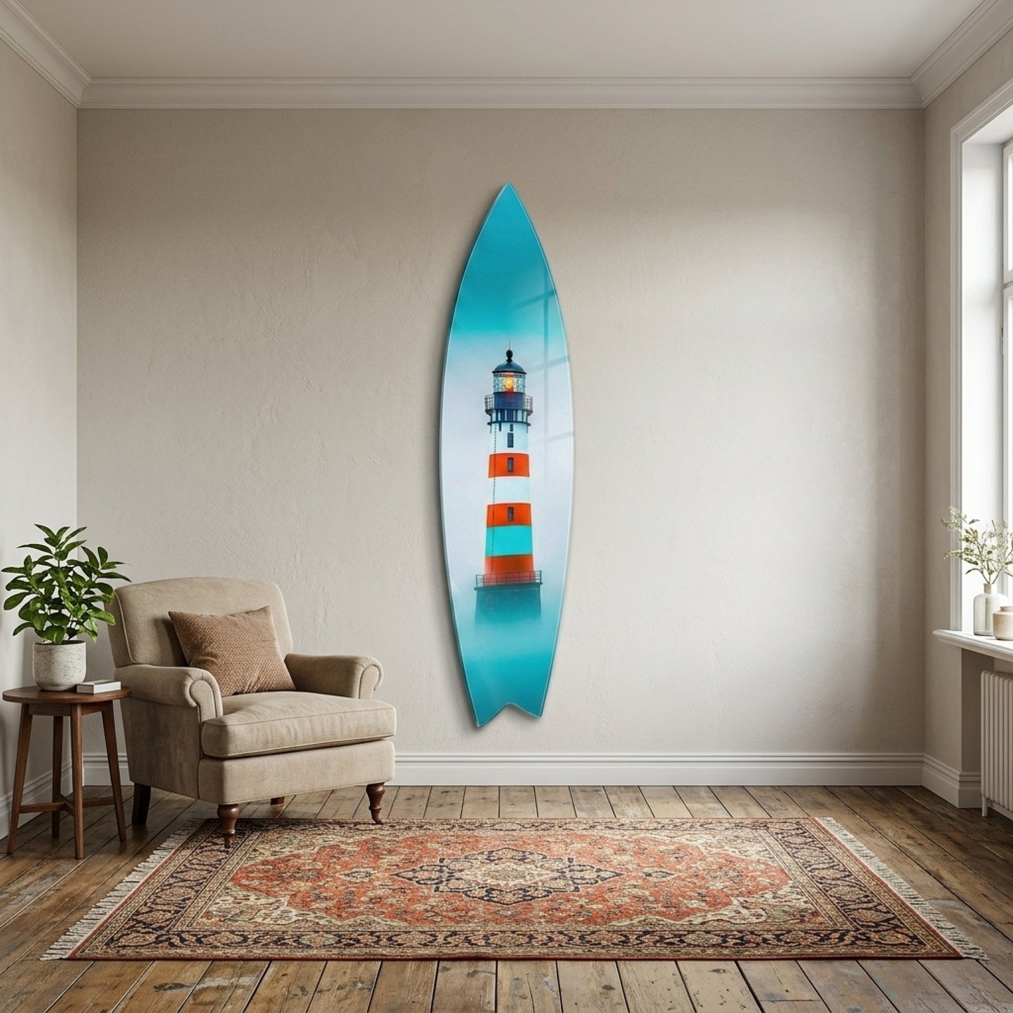 Modern Sisli Deniz Feneri Manzarasi Surf Board Cam Tablo