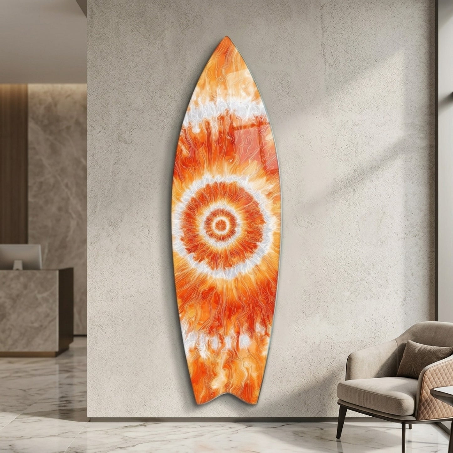 Modern Soyut Turuncu Ates Enerjisi Sanat Eseri Surf Board Cam Tablo