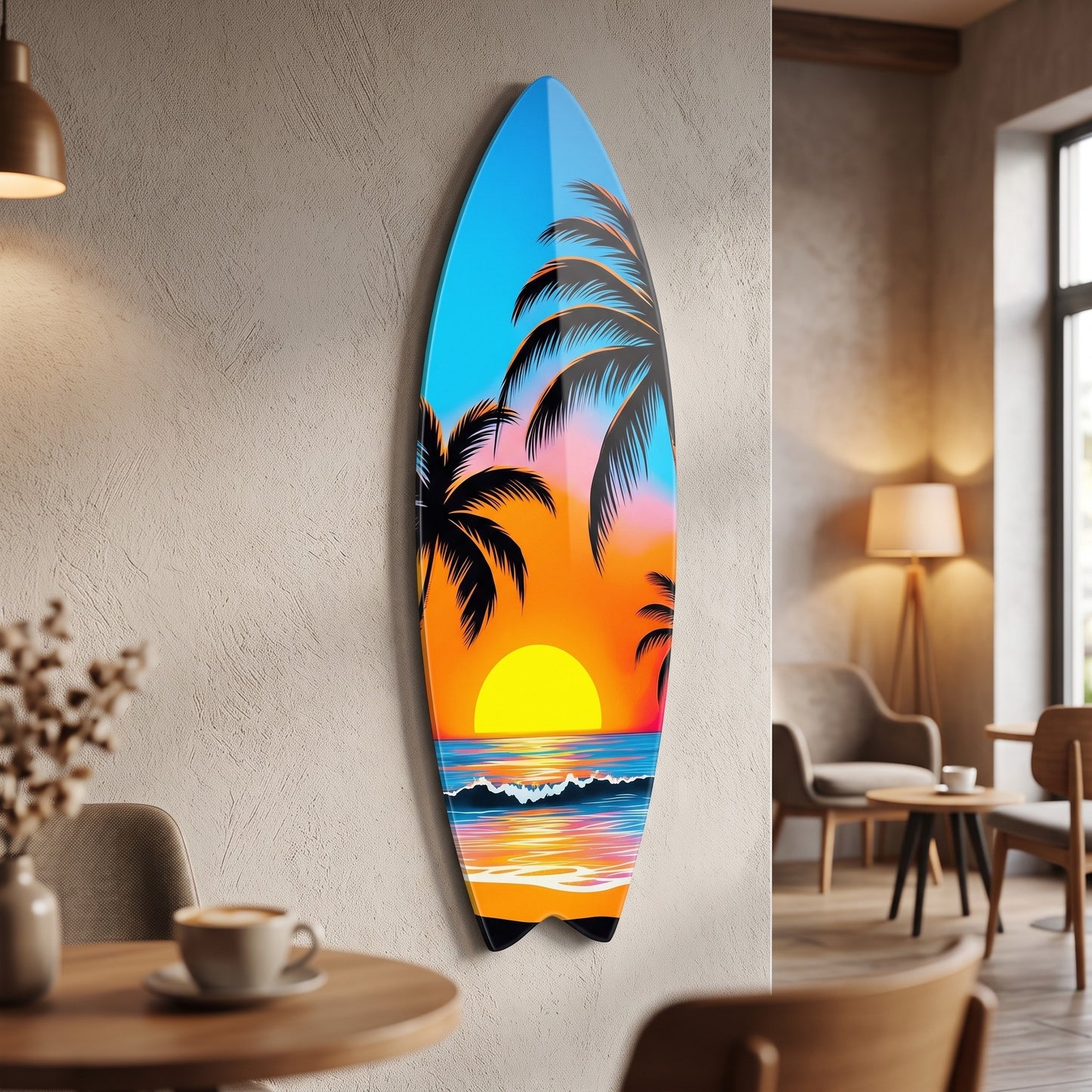 Tropikal Gün Batımı Palmiye Surf Board Cam Tablo