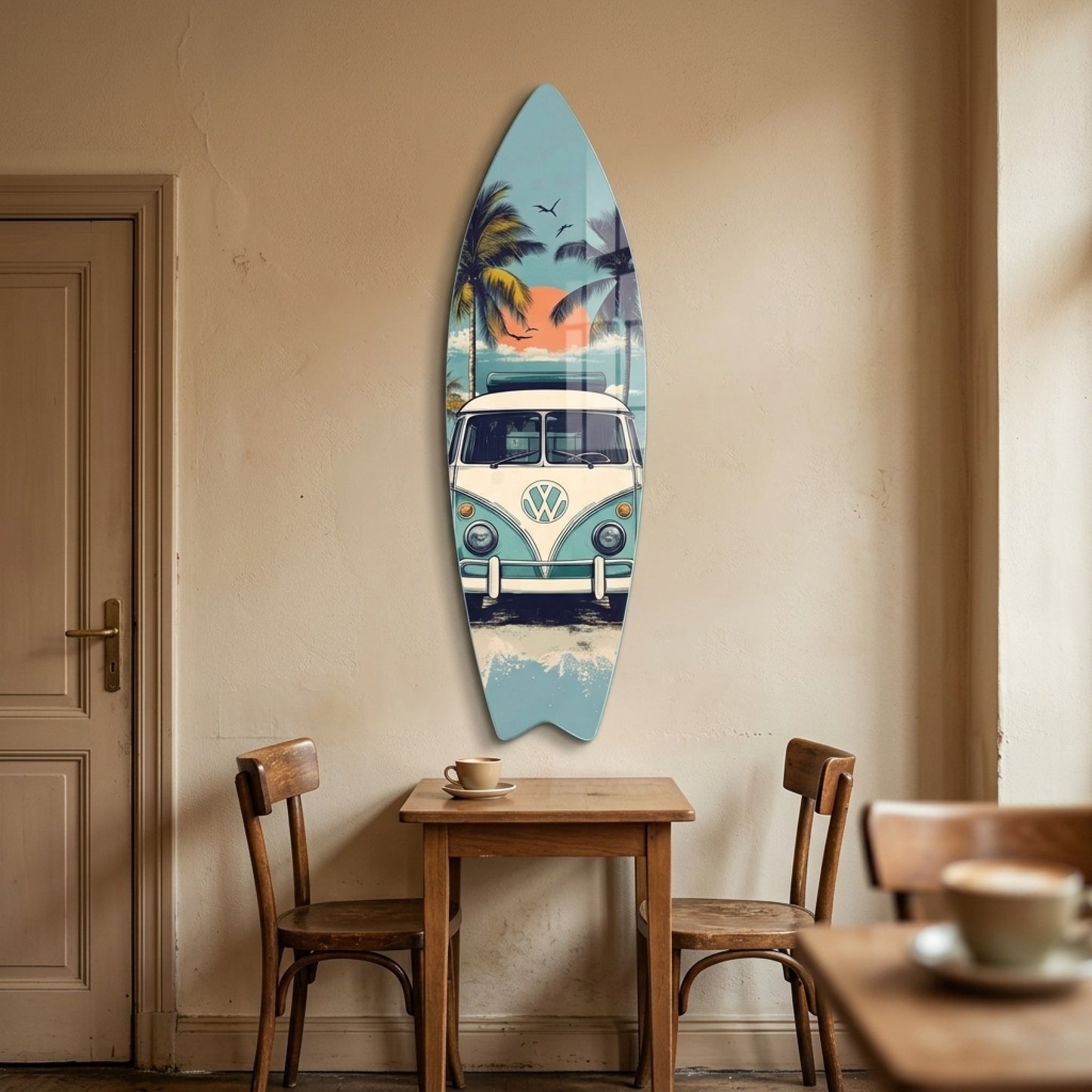 Vw T1 Karavan Retro Plaj Manzarası Surf Board Cam Tablo