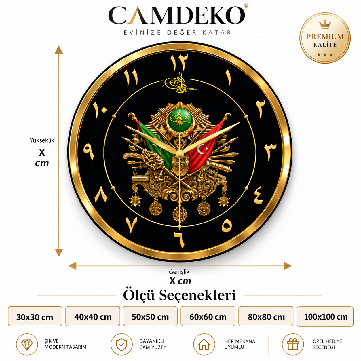 CAMDEKO Osmanlı armalı Arapça rakamlı cam duvar saati ölçü seçenekleri