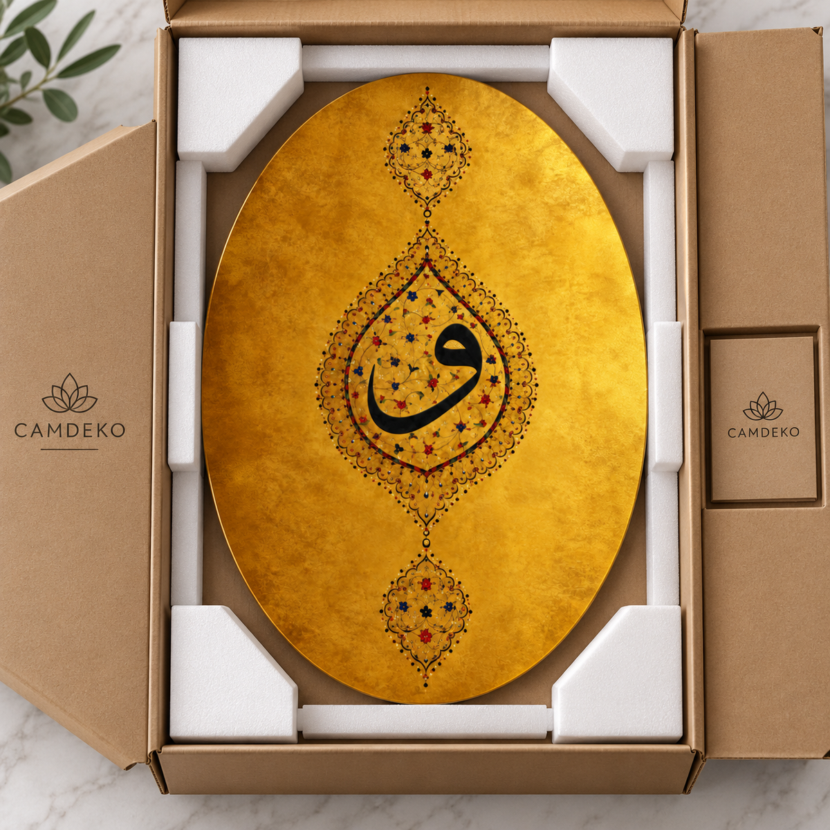 Tezhip Sanatlı Altın Vav Harfi Oval Dikey Cam Tablo - güvenli paketleme