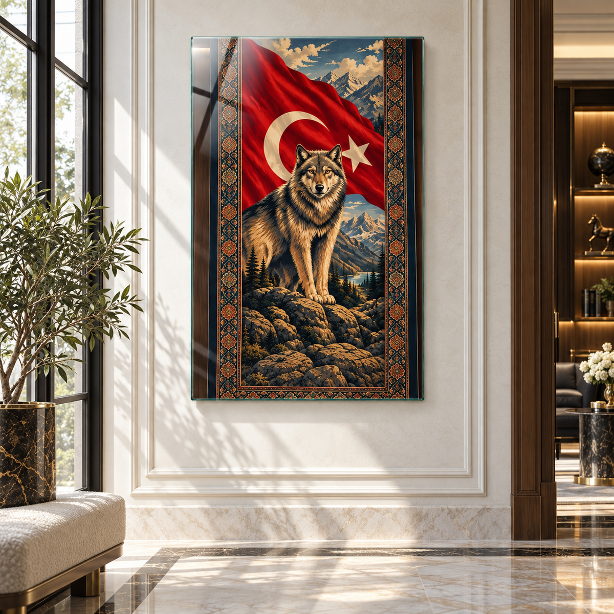 Türk bayrağı, kurt ve portre temalı dikey cam tablo alternatif premium dekorasyon görünümü