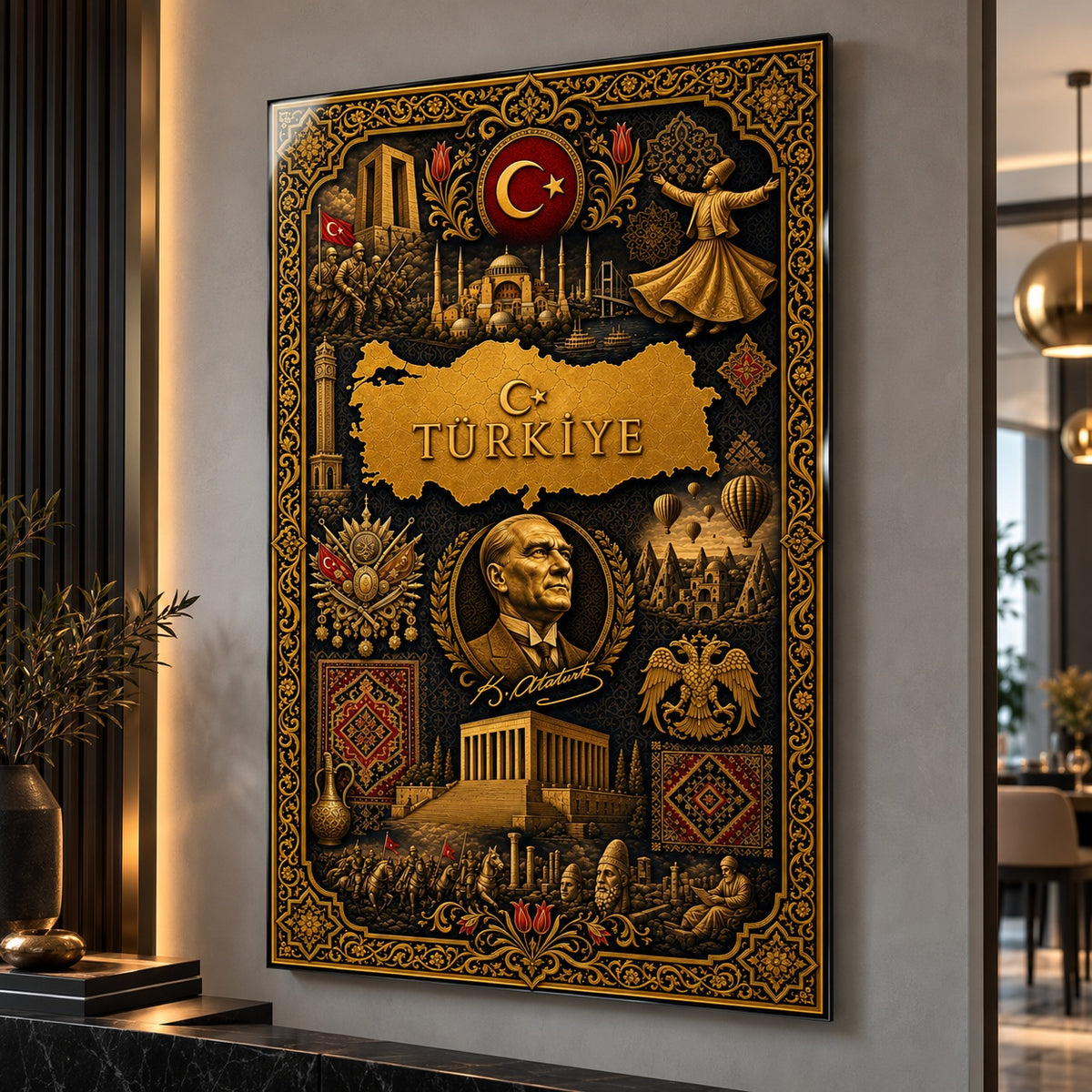Türkiye Atatürk Osmanlı motifli dikey cam tablo, alternatif premium mekân