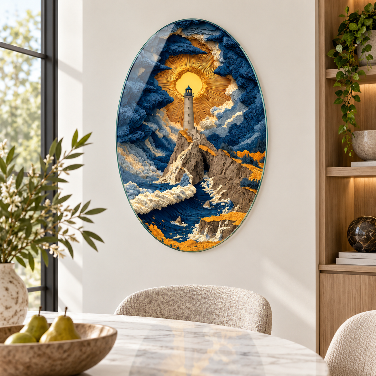 Gold güneş ve lacivert deniz feneri manzaralı oval dikey cam tablo alternatif premium mekân