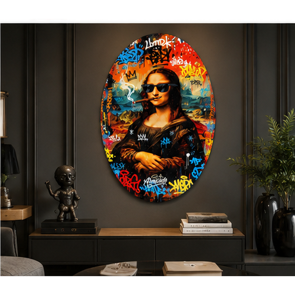 Graffiti Mona Lisa oval dikey cam tablo alternatif premium mekân
