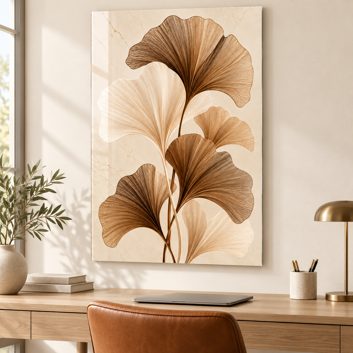 Bronz Krem Ginkgo Yaprakları Dikey Cam Tablo - Çalışma odası