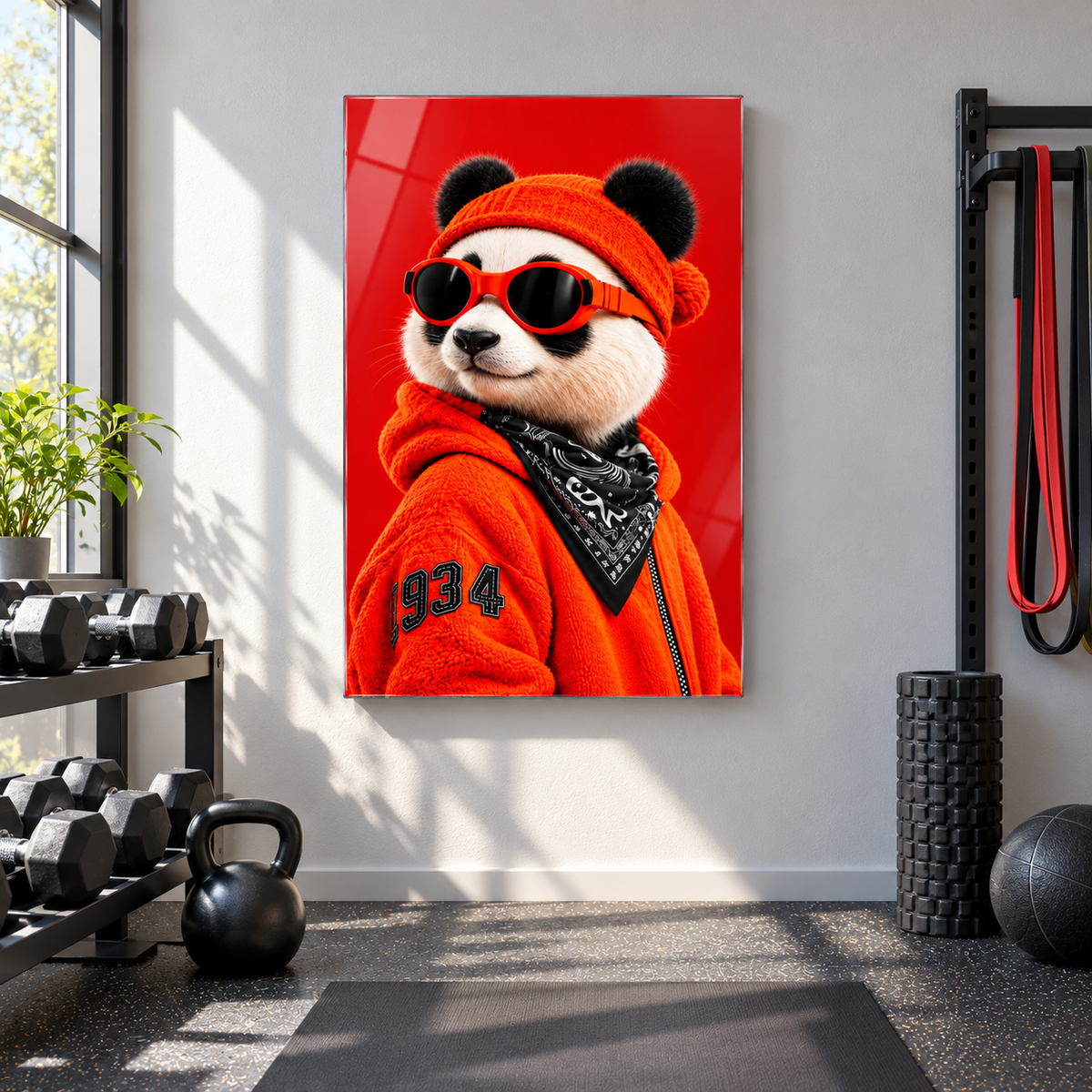 Kırmızı Bereli Gözlüklü Panda Dikey Cam Tablo - Ev egzersiz alanı