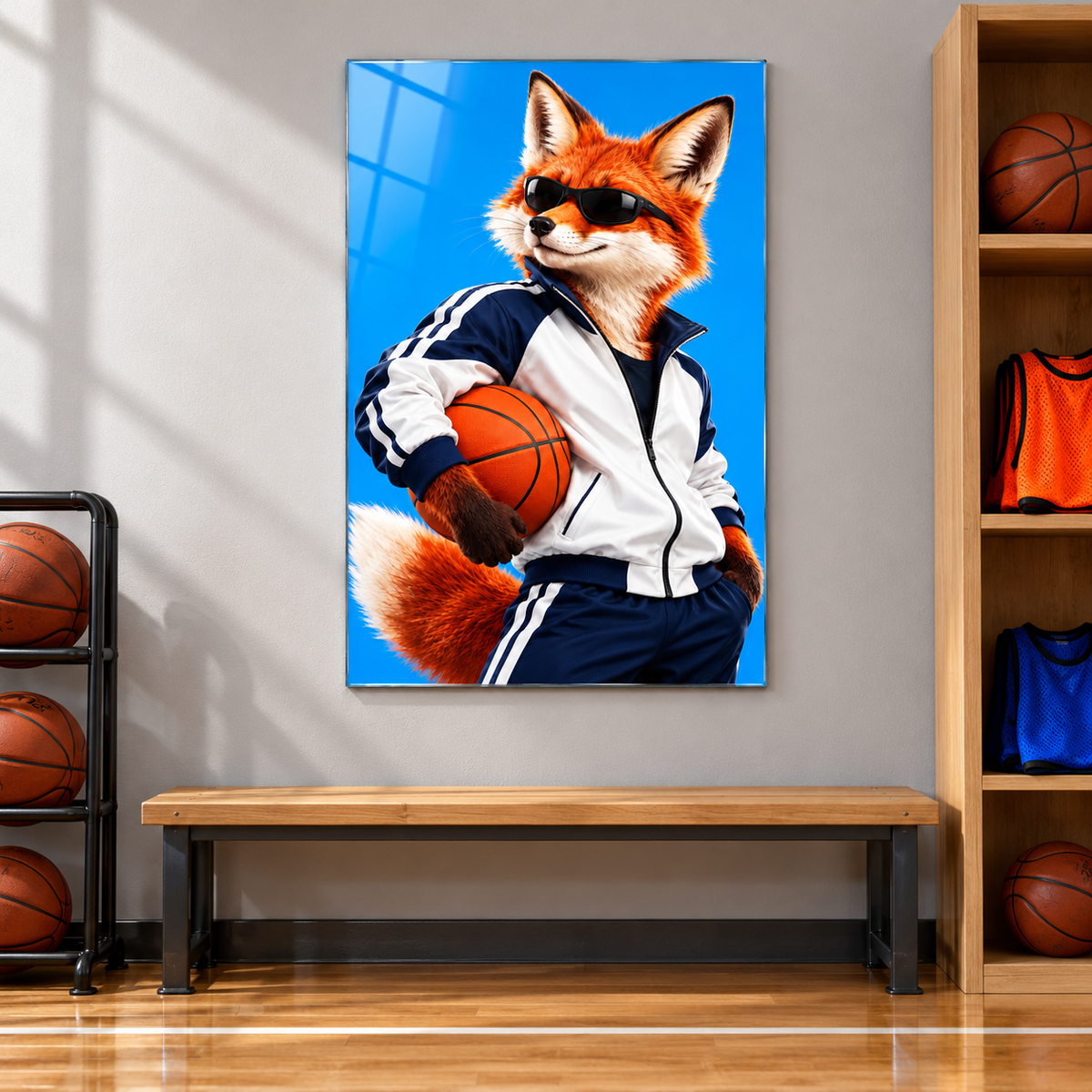 Basketbolcu Gözlüklü Tilki Dikey Cam Tablo - Basketbol akademisi hazırlık alanı