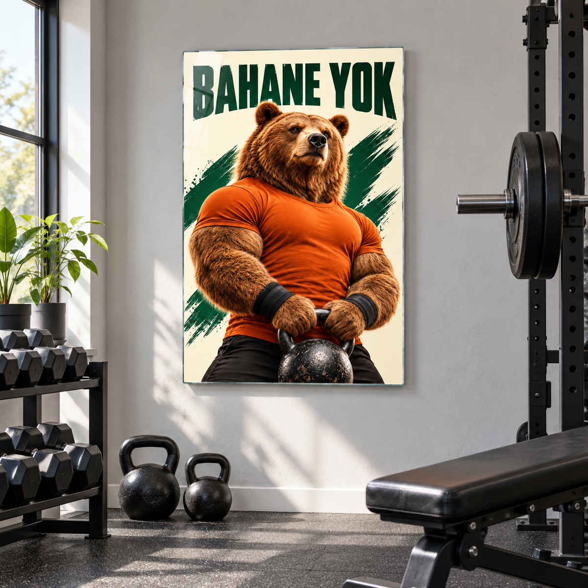 Bahane Yok Sporcu Ayı Dikey Cam Tablo - Ev ağırlık çalışma alanı