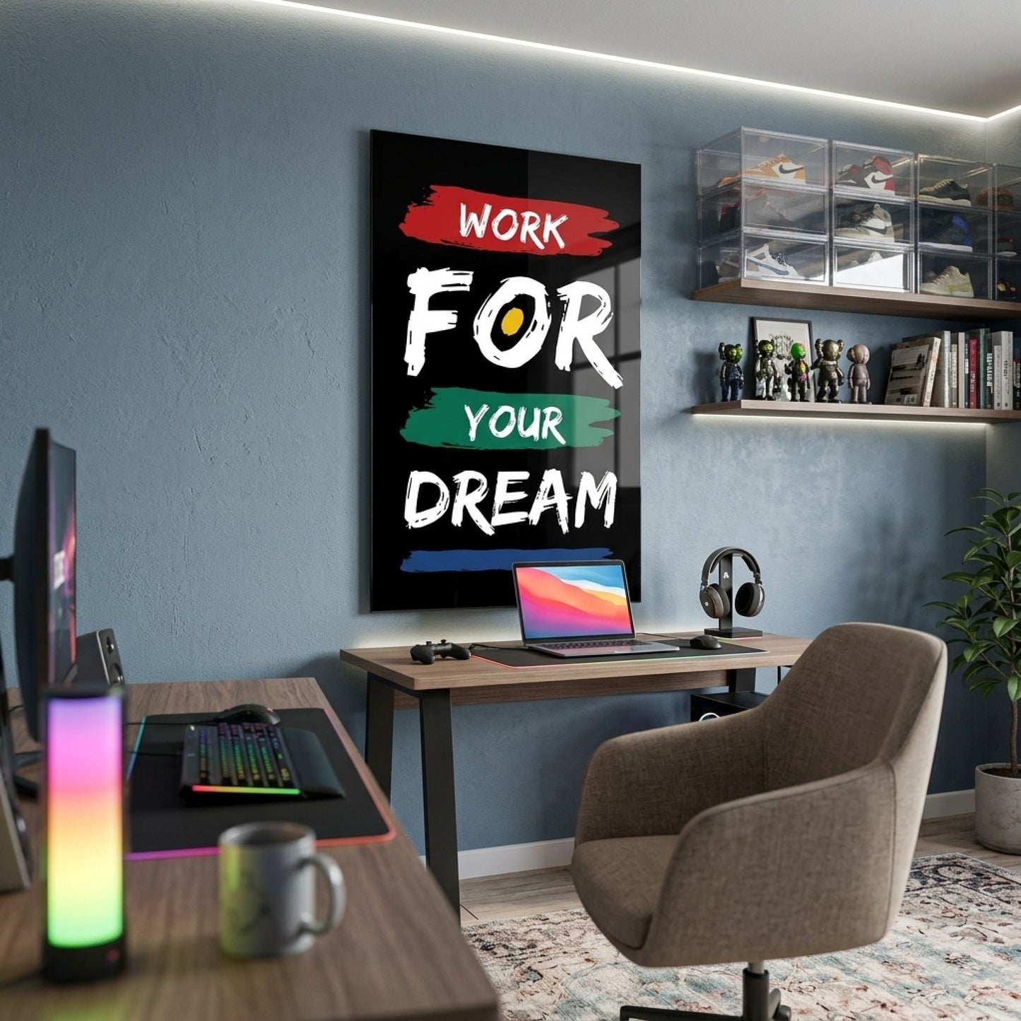 Work For Your Dream Motivasyon Yazılı Dikey Cam Tablo