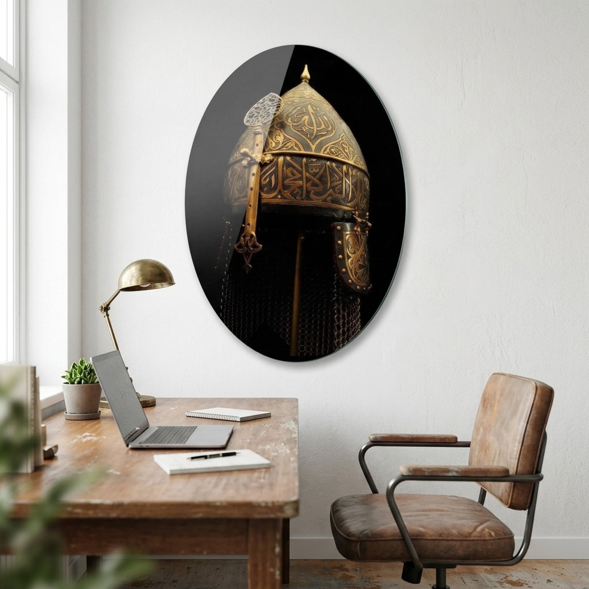 Osmanlı Töresel Altın Miğfer Sanatı Oval Dikey Cam Tablo