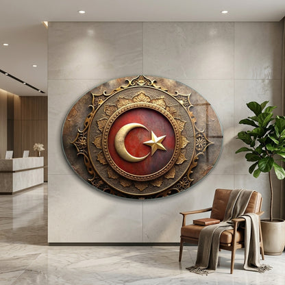 Otandik Osmanlı Desenli Ay Yıldız Temalı Oval Yatay Cam Tablo